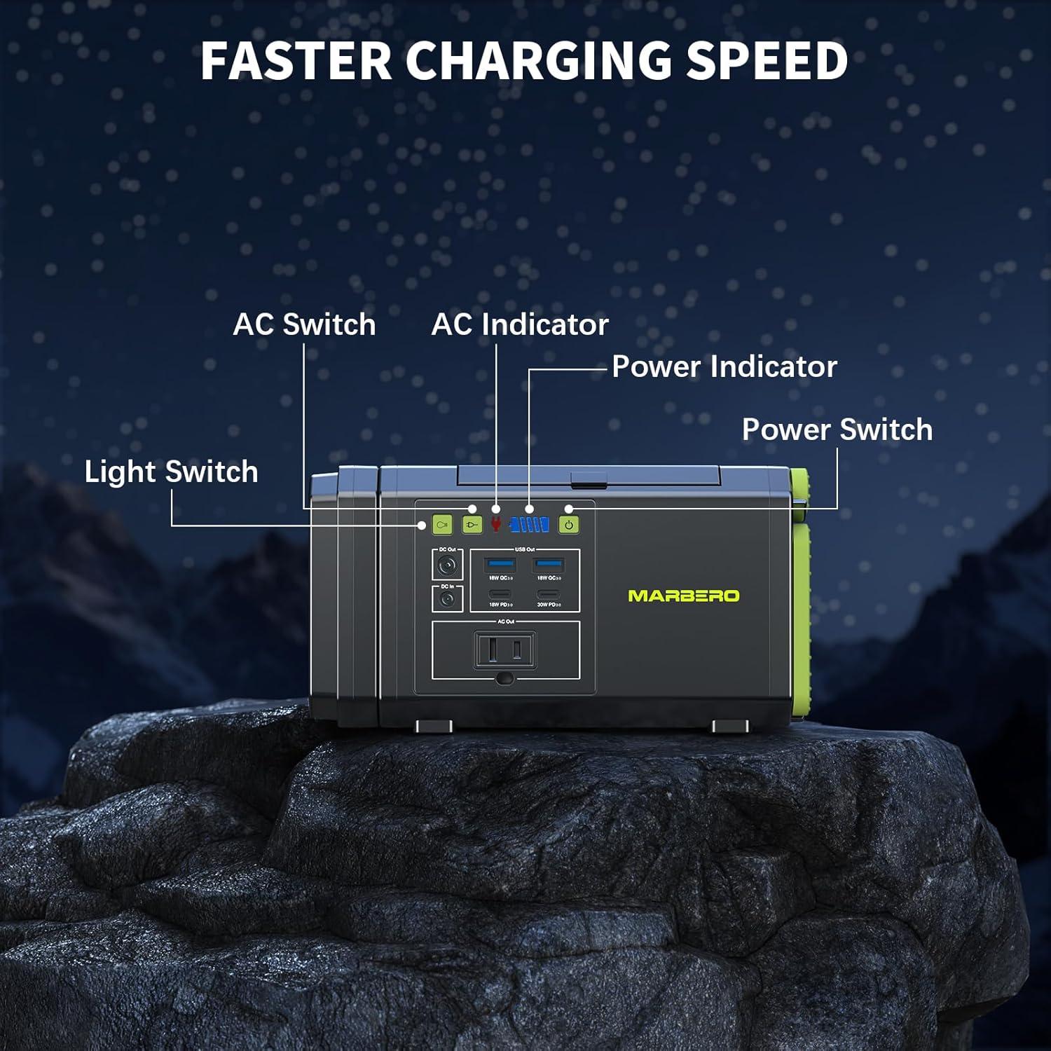 imageMARBERO 118Wh Portable Power Station with Telescopic Camping Lights for Camping Hiking 32000mAh 160W Max Power Bank with AC Outlet USB DC Output Solar Generator with Telecoping Light EmergencyPL100 100W 118WH
