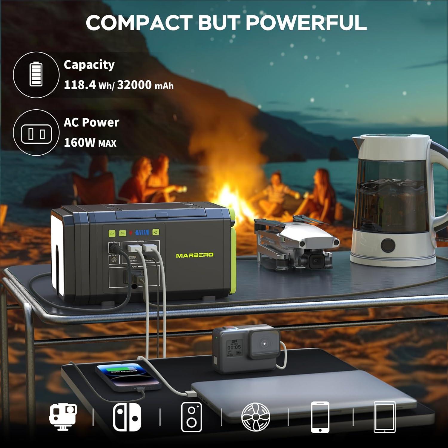 imageMARBERO 118Wh Portable Power Station with Telescopic Camping Lights for Camping Hiking 32000mAh 160W Max Power Bank with AC Outlet USB DC Output Solar Generator with Telecoping Light EmergencySOLAR GENERATOR PL100 WITH 30W SOLAR