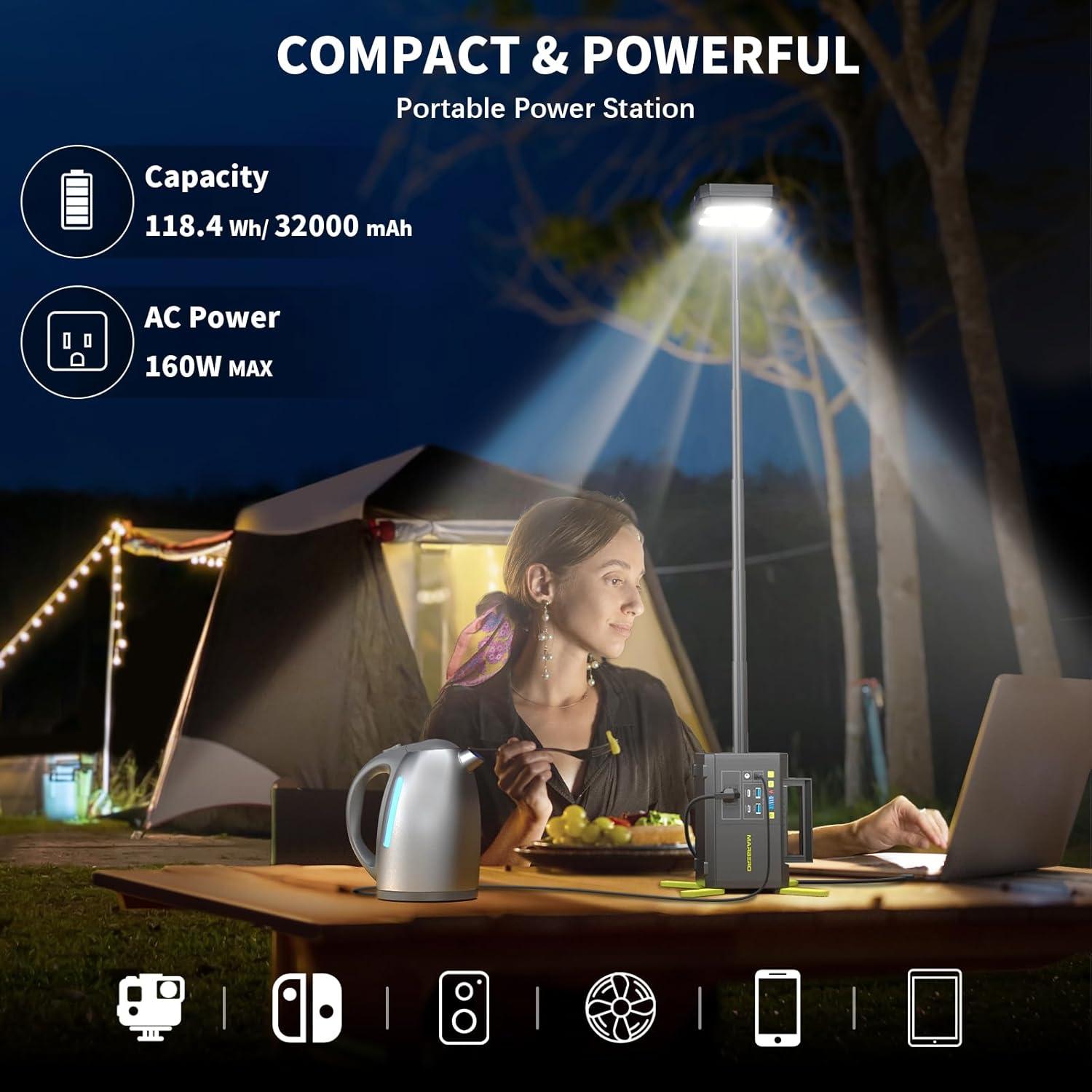 imageMARBERO 118Wh Portable Power Station with Telescopic Camping Lights for Camping Hiking 32000mAh 160W Max Power Bank with AC Outlet USB DC Output Solar Generator with Telecoping Light EmergencyPL100 100W 118WH