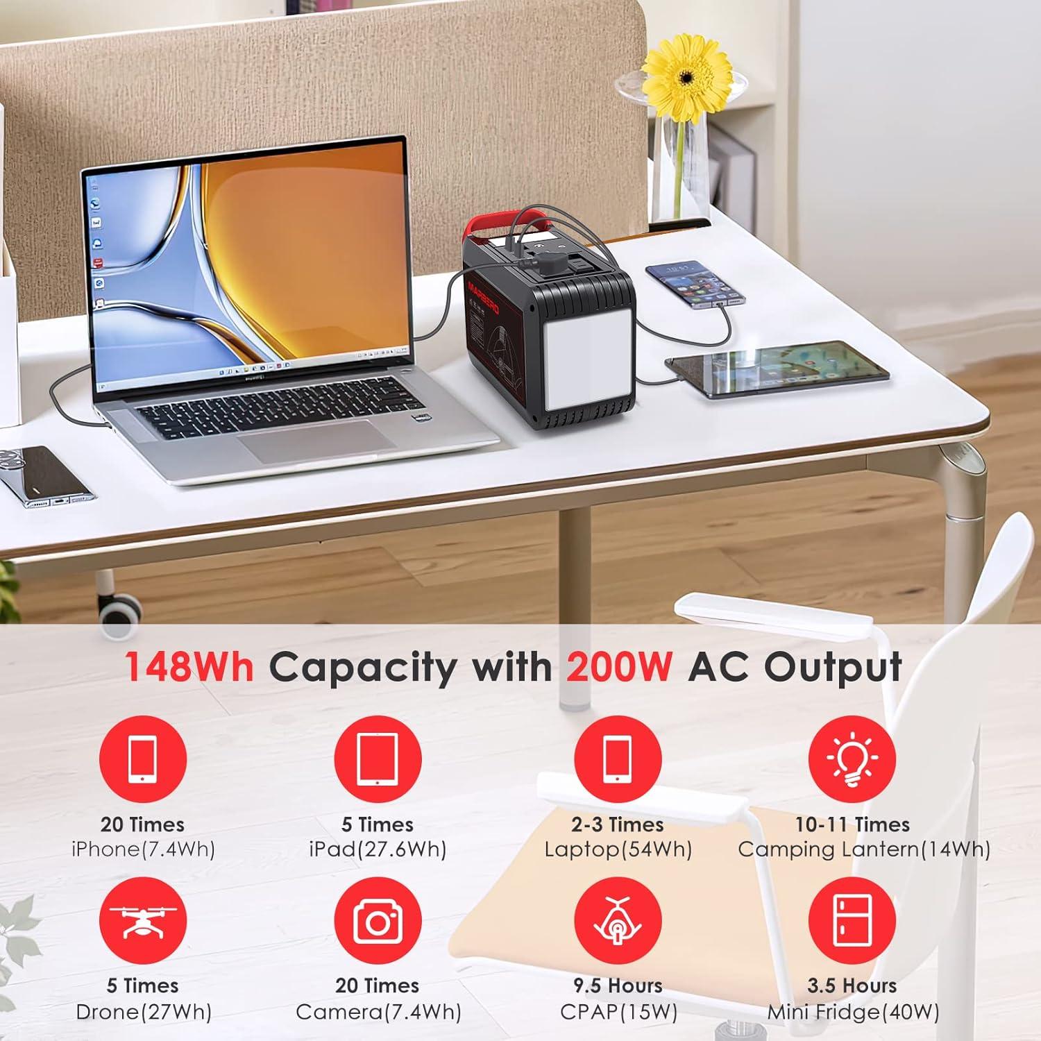 imageMARBERO 200W Portable Power Station 148Wh Camping Solar Generator Laptop Power Bank with AC Outlet 110V DC USB QC30 LED Flashlights for CPAP Home Outdoor Trip Emergency BackupM822 148WH 200W