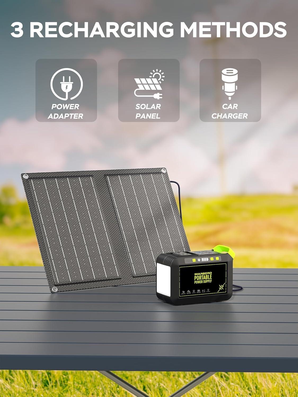 imageMARBERO 200W Portable Power Station 148Wh Camping Solar Generator Laptop Power Bank with AC Outlet 110V DC USB QC30 LED Flashlights for CPAP Home Outdoor Trip Emergency BackupSOLAR GENERATOR M82 WITH 21W SOLAR