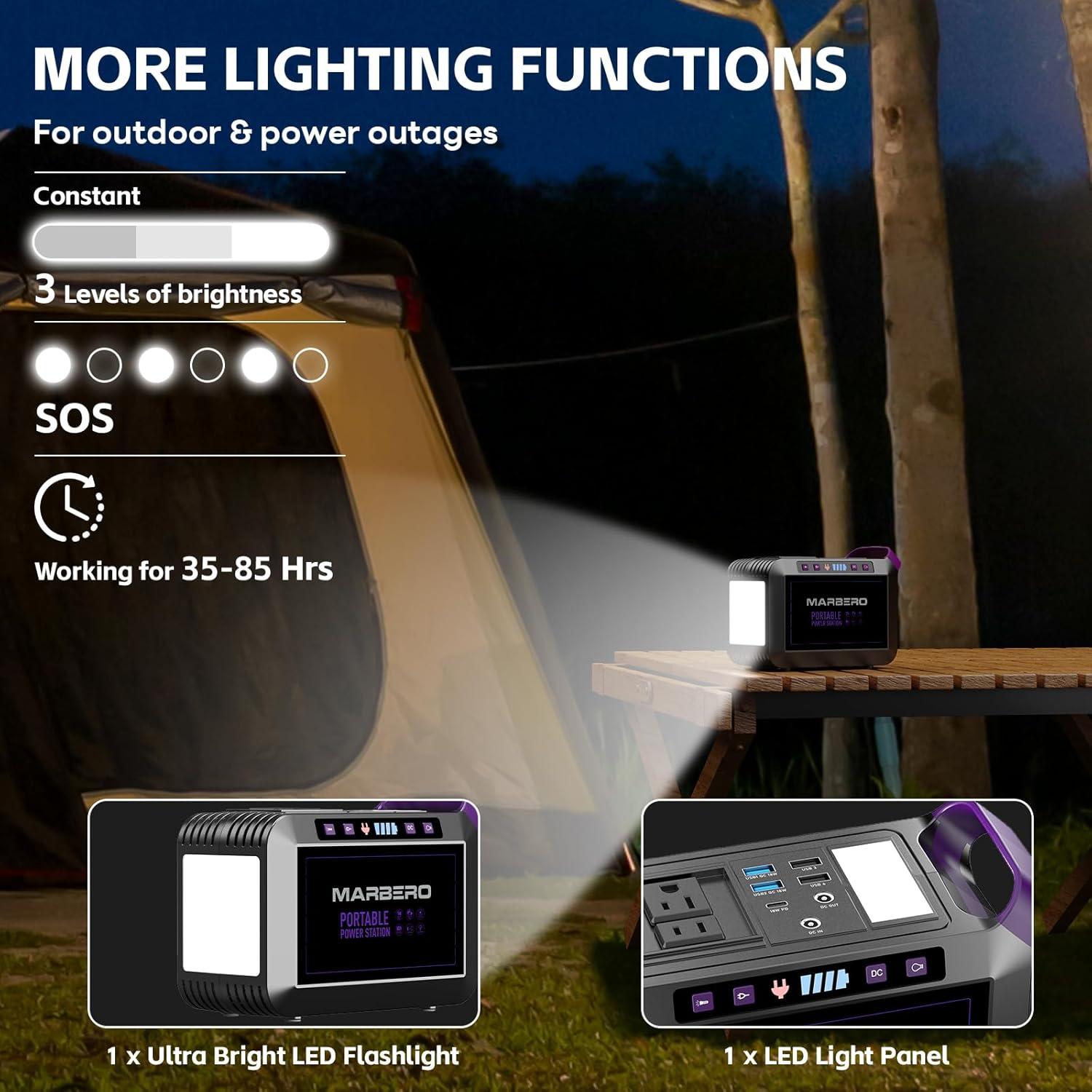 imageMARBERO 200W Portable Power Station 148Wh Camping Solar Generator Laptop Power Bank with AC Outlet 110V DC USB QC30 LED Flashlights for CPAP Home Outdoor Trip Emergency BackupSOLAR GENERATOR M822MAX WITH 40W SOLAR