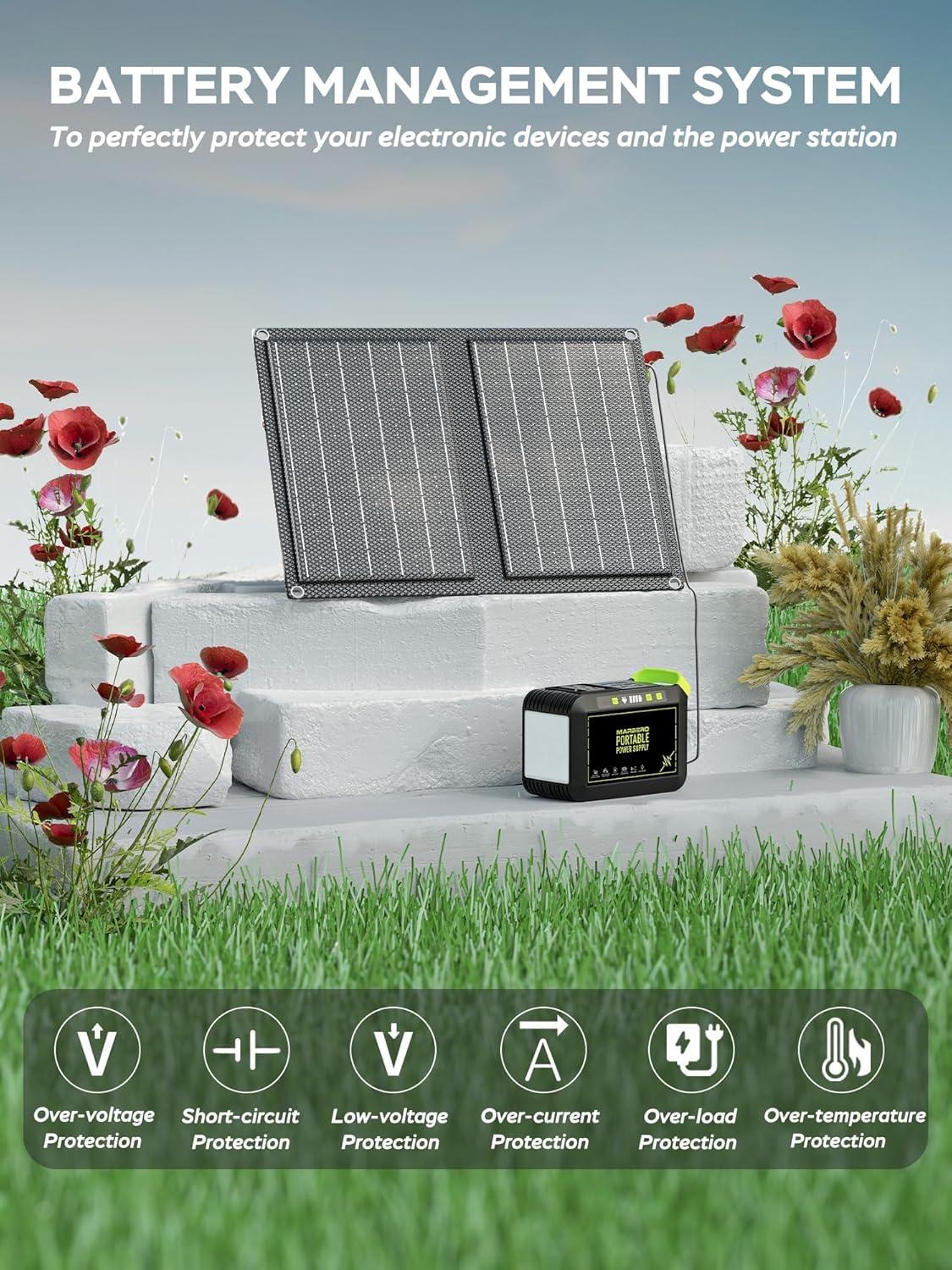 imageMARBERO 200W Portable Power Station 148Wh Camping Solar Generator Laptop Power Bank with AC Outlet 110V DC USB QC30 LED Flashlights for CPAP Home Outdoor Trip Emergency BackupSOLAR GENERATOR M82 WITH 21W SOLAR