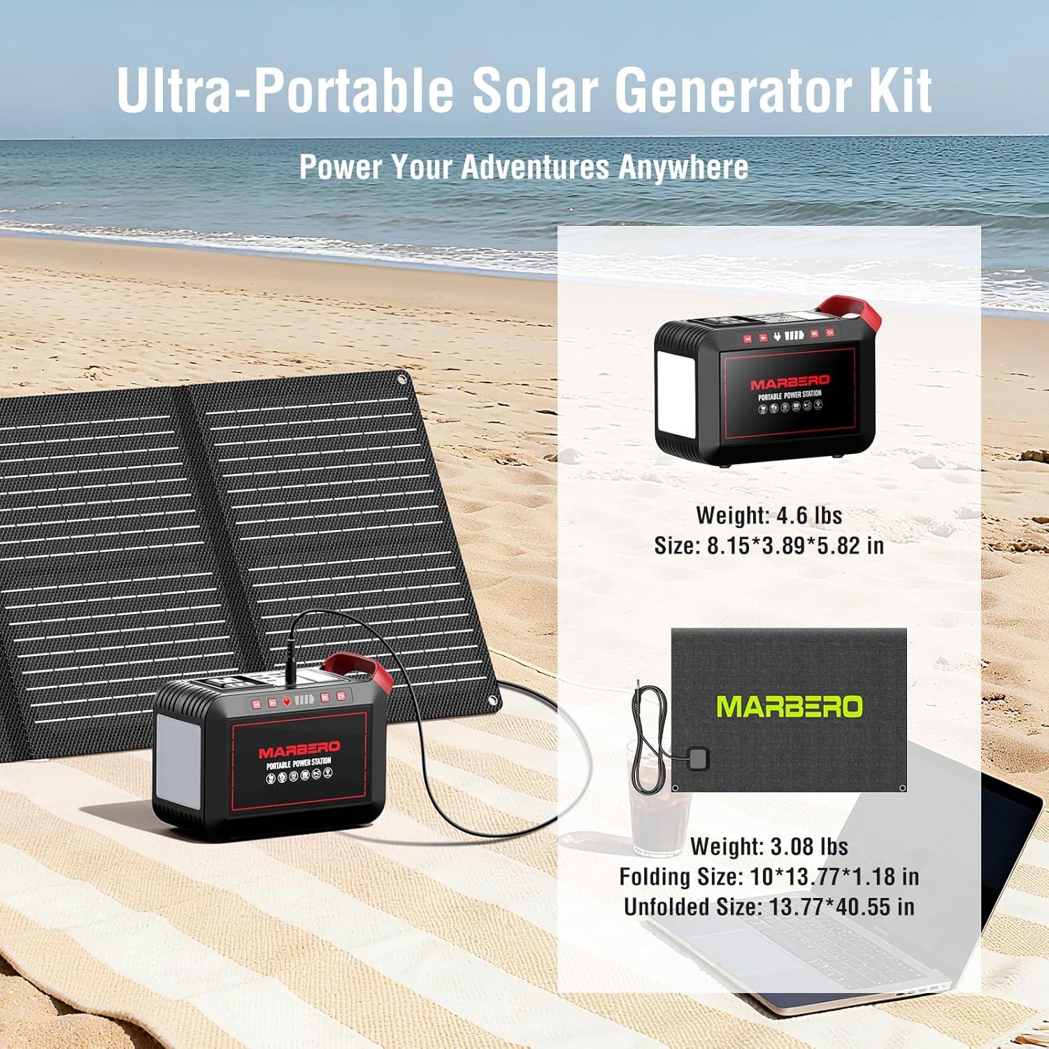 imageMARBERO 200W Portable Power Station 148Wh Camping Solar Generator Laptop Power Bank with AC Outlet 110V DC USB QC30 LED Flashlights for CPAP Home Outdoor Trip Emergency BackupSOLAR GENERATOR M823 WITH 60W SOLAR