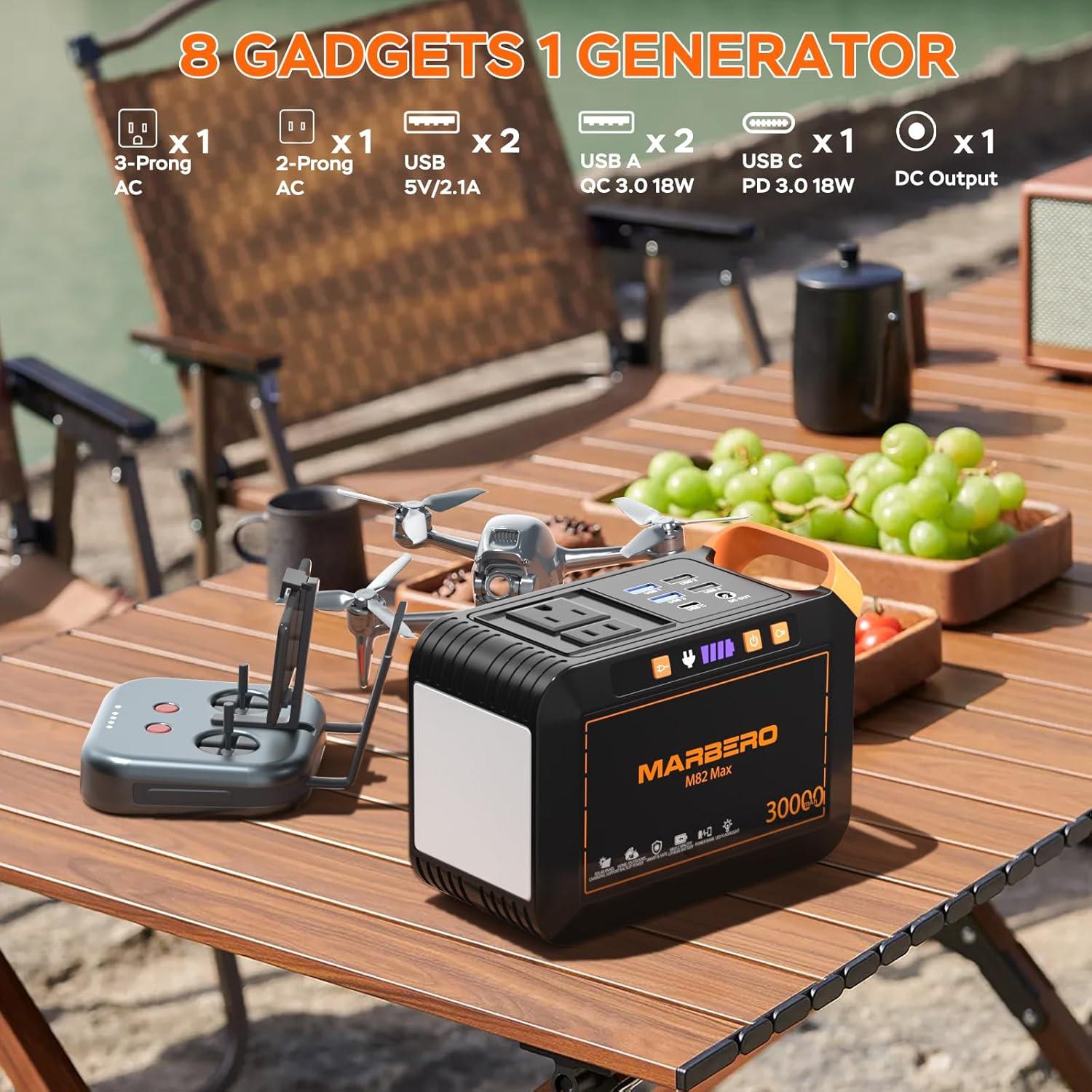 imageMARBERO 200W Portable Power Station 148Wh Camping Solar Generator Laptop Power Bank with AC Outlet 110V DC USB QC30 LED Flashlights for CPAP Home Outdoor Trip Emergency BackupSOLAR GENERATOR M82 MAX WITH 30W SOLAR