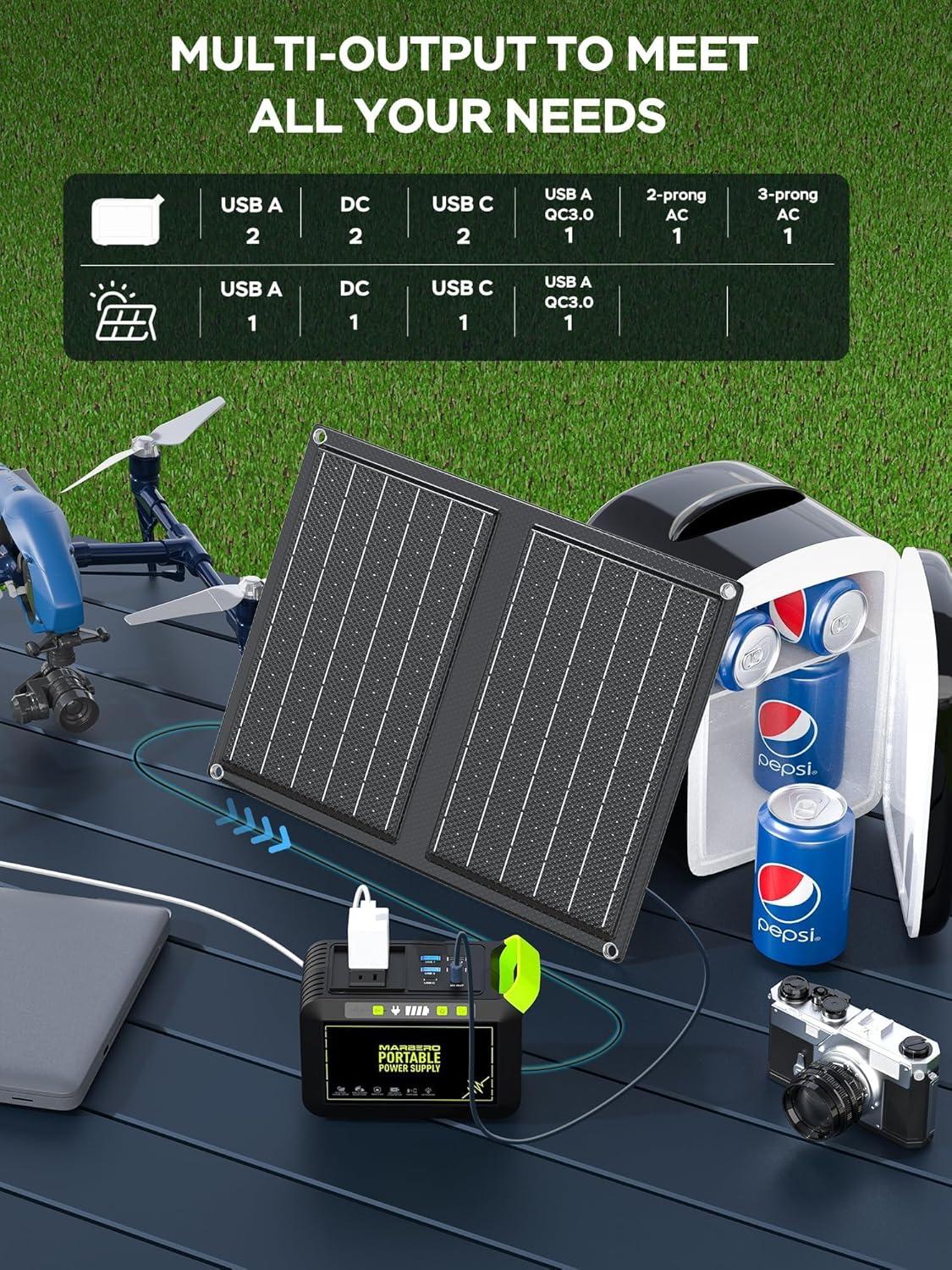 imageMARBERO 200W Portable Power Station 148Wh Camping Solar Generator Laptop Power Bank with AC Outlet 110V DC USB QC30 LED Flashlights for CPAP Home Outdoor Trip Emergency BackupSOLAR GENERATOR M82 WITH 21W SOLAR