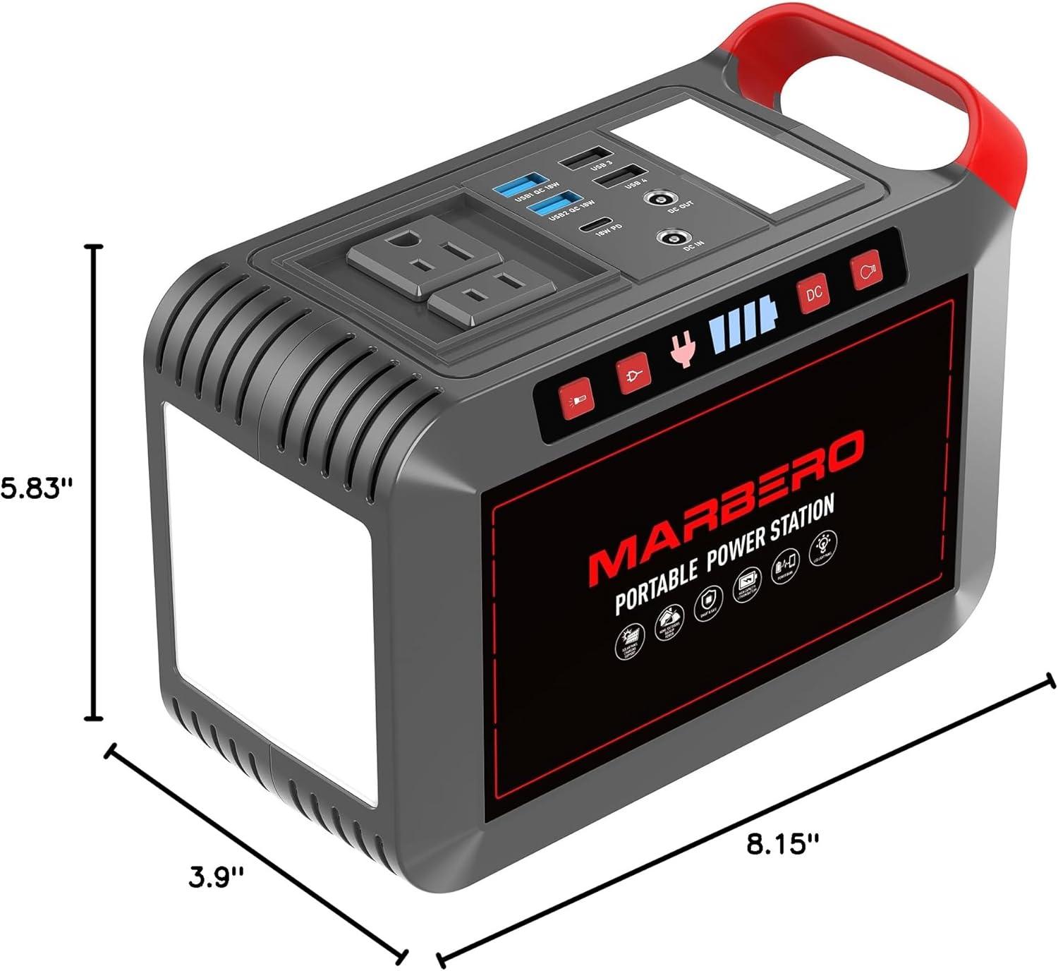 imageMARBERO 200W Portable Power Station 148Wh Camping Solar Generator Laptop Power Bank with AC Outlet 110V DC USB QC30 LED Flashlights for CPAP Home Outdoor Trip Emergency BackupM823 237WH 300W