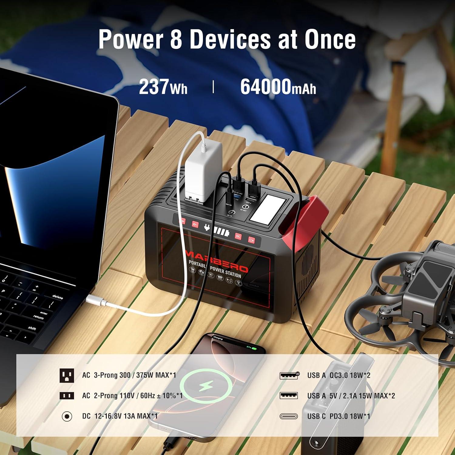 imageMARBERO 200W Portable Power Station 148Wh Camping Solar Generator Laptop Power Bank with AC Outlet 110V DC USB QC30 LED Flashlights for CPAP Home Outdoor Trip Emergency BackupSOLAR GENERATOR M823 WITH 60W SOLAR