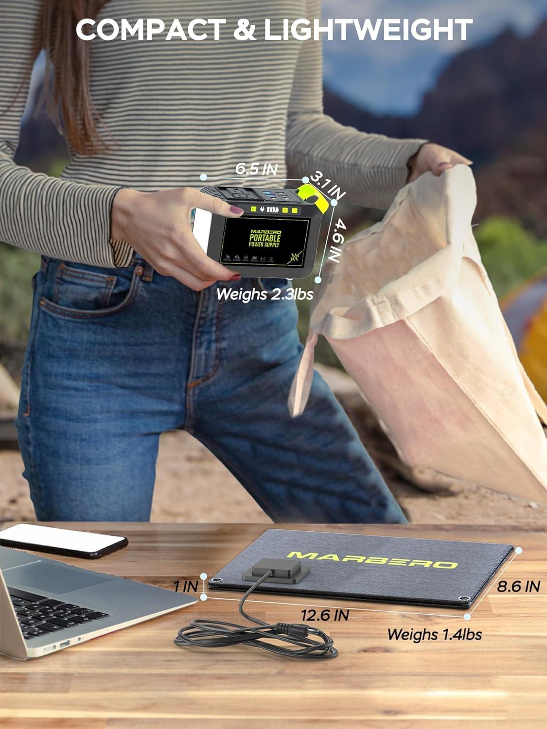 imageMARBERO 200W Portable Power Station 148Wh Camping Solar Generator Laptop Power Bank with AC Outlet 110V DC USB QC30 LED Flashlights for CPAP Home Outdoor Trip Emergency BackupSOLAR GENERATOR M82 WITH 21W SOLAR