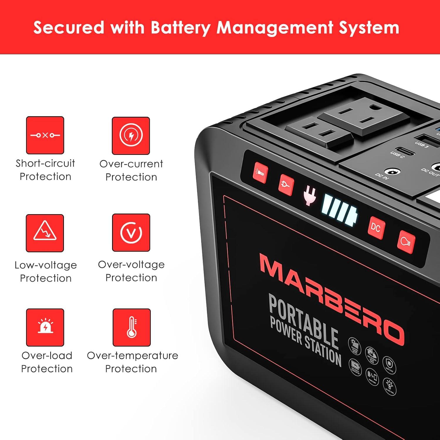 imageMARBERO 200W Portable Power Station 148Wh Camping Solar Generator Laptop Power Bank with AC Outlet 110V DC USB QC30 LED Flashlights for CPAP Home Outdoor Trip Emergency BackupM822 148WH 200W