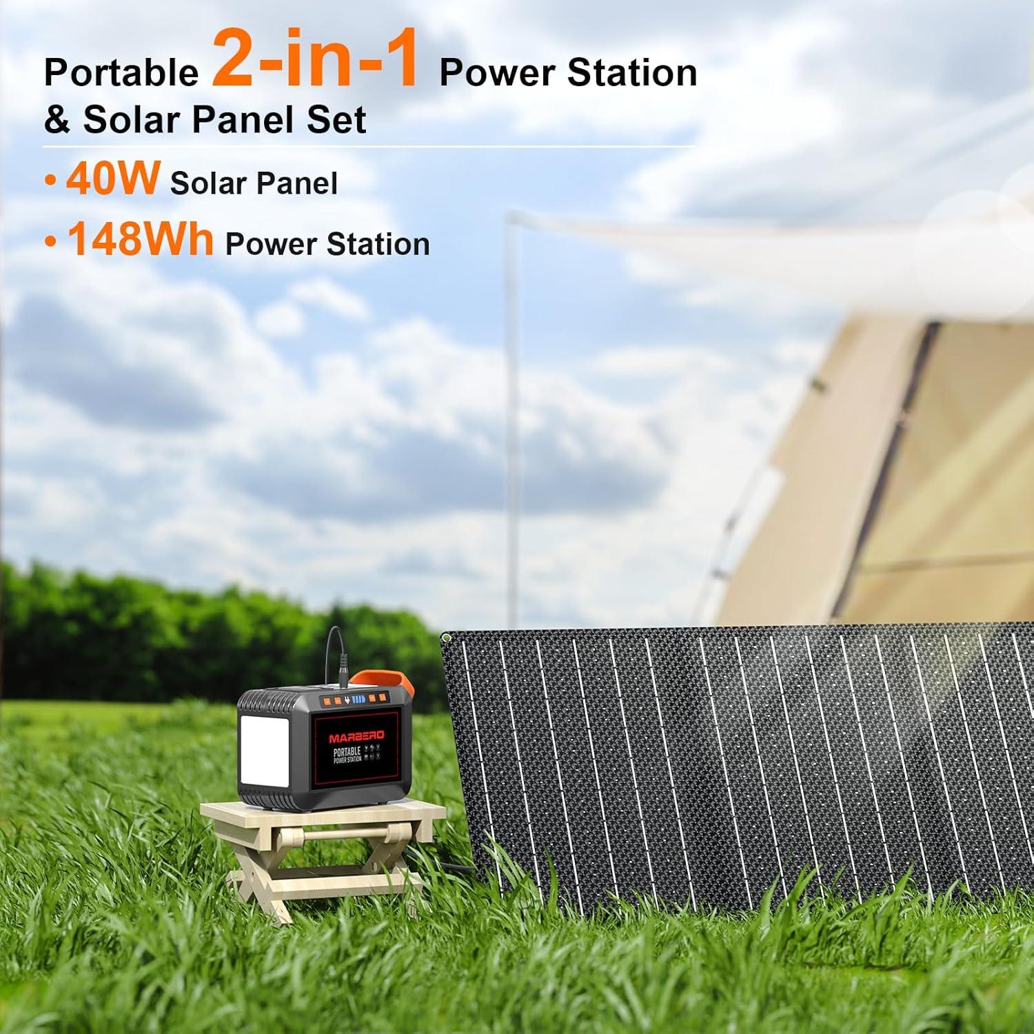 imageMARBERO 200W Portable Power Station 148Wh Camping Solar Generator Laptop Power Bank with AC Outlet 110V DC USB QC30 LED Flashlights for CPAP Home Outdoor Trip Emergency BackupSOLAR GENERATOR M822 WITH 40W SOLAR
