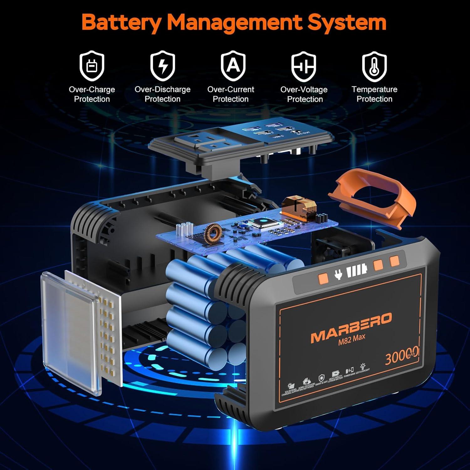 imageMARBERO 200W Portable Power Station 148Wh Camping Solar Generator Laptop Power Bank with AC Outlet 110V DC USB QC30 LED Flashlights for CPAP Home Outdoor Trip Emergency BackupSOLAR GENERATOR M82 MAX WITH 30W SOLAR