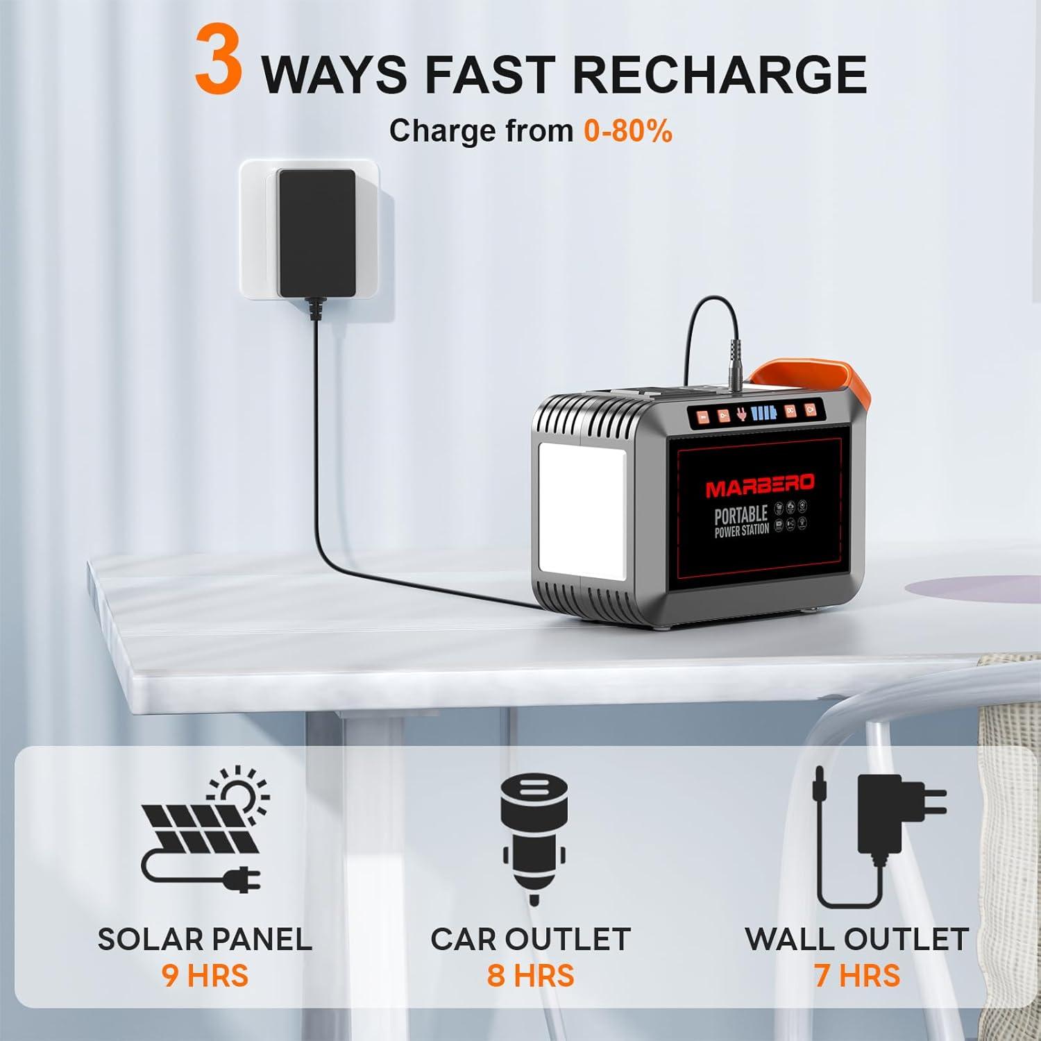 imageMARBERO 200W Portable Power Station 148Wh Camping Solar Generator Laptop Power Bank with AC Outlet 110V DC USB QC30 LED Flashlights for CPAP Home Outdoor Trip Emergency BackupSOLAR GENERATOR M822 WITH 40W SOLAR