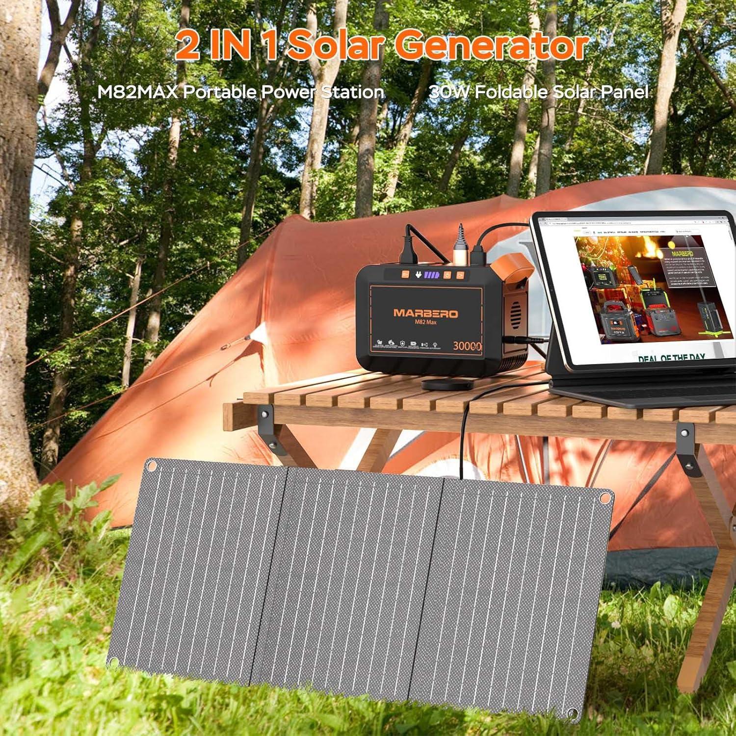 imageMARBERO 200W Portable Power Station 148Wh Camping Solar Generator Laptop Power Bank with AC Outlet 110V DC USB QC30 LED Flashlights for CPAP Home Outdoor Trip Emergency BackupSOLAR GENERATOR M82 MAX WITH 30W SOLAR
