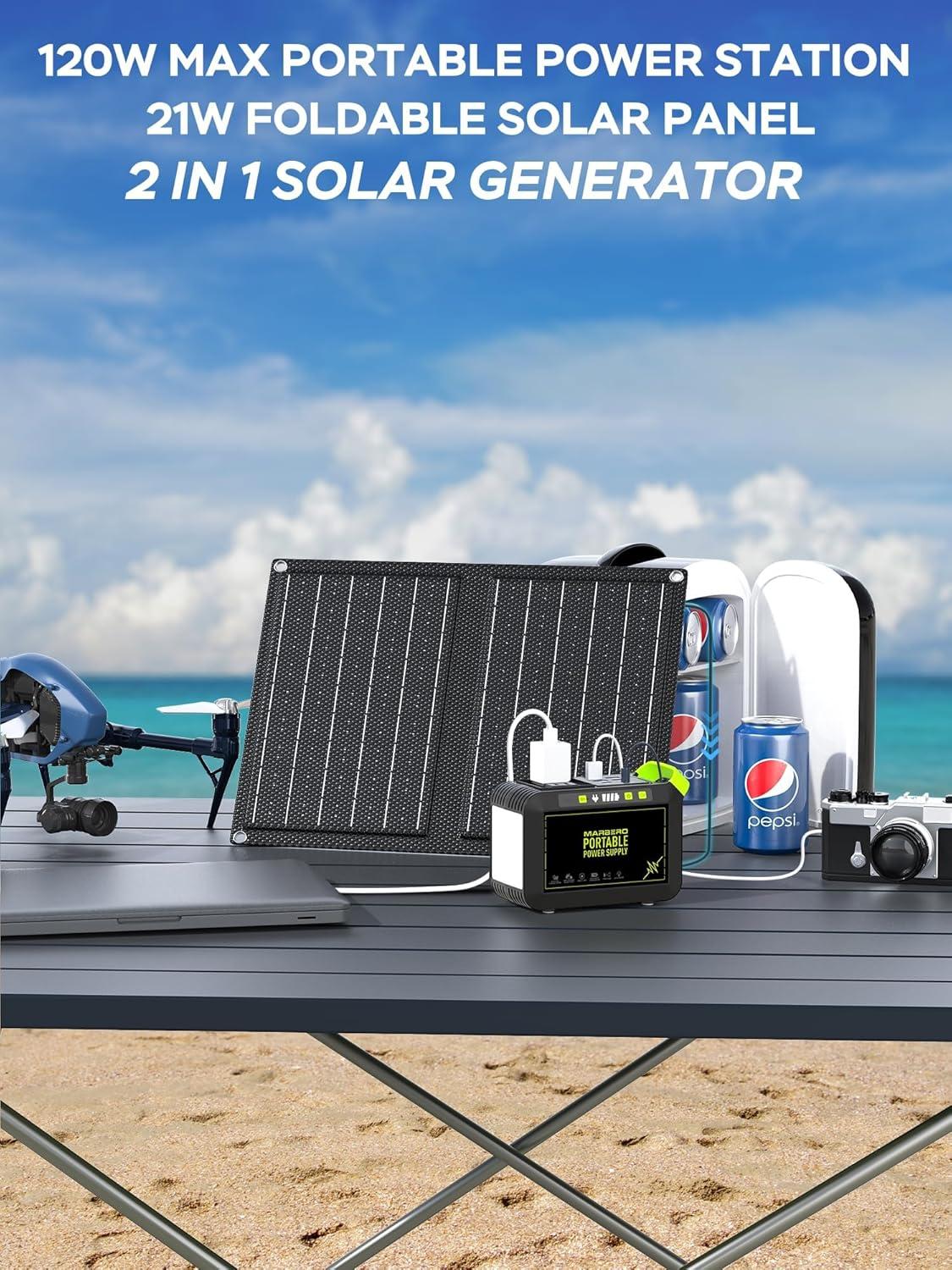 imageMARBERO 200W Portable Power Station 148Wh Camping Solar Generator Laptop Power Bank with AC Outlet 110V DC USB QC30 LED Flashlights for CPAP Home Outdoor Trip Emergency BackupSOLAR GENERATOR M82 WITH 21W SOLAR