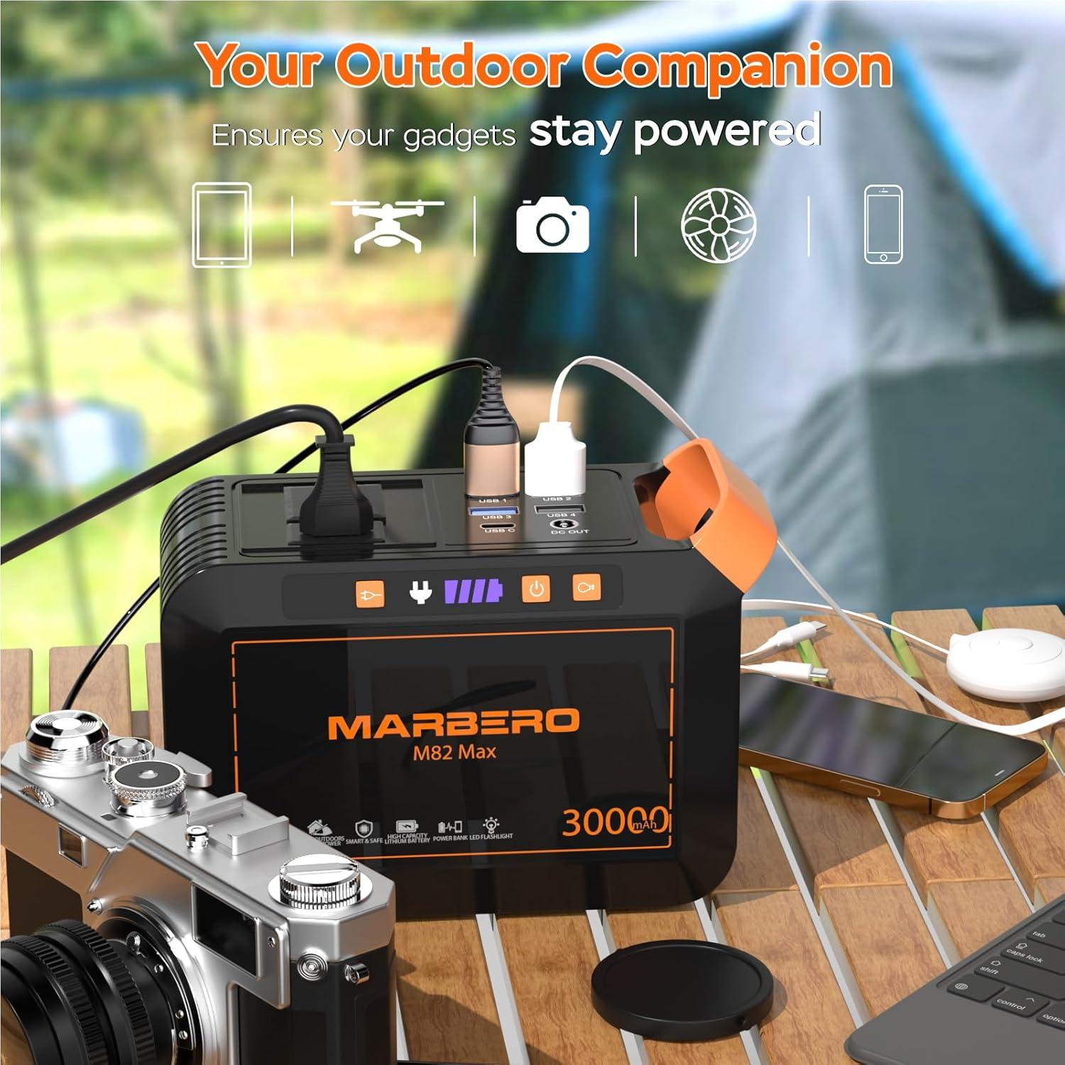 imageMARBERO 200W Portable Power Station 148Wh Camping Solar Generator Laptop Power Bank with AC Outlet 110V DC USB QC30 LED Flashlights for CPAP Home Outdoor Trip Emergency BackupSOLAR GENERATOR M82 MAX WITH 30W SOLAR
