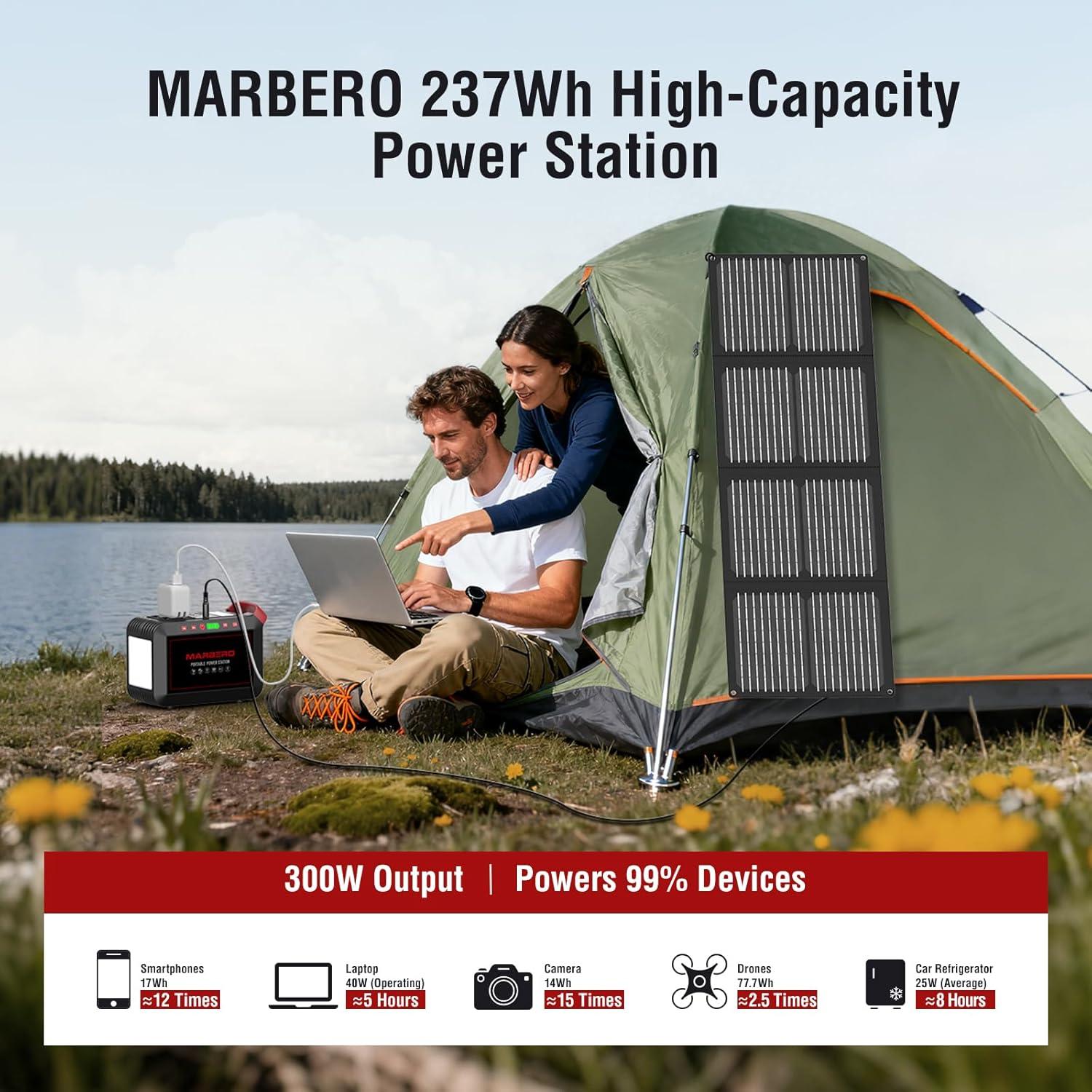 imageMARBERO 200W Portable Power Station 148Wh Camping Solar Generator Laptop Power Bank with AC Outlet 110V DC USB QC30 LED Flashlights for CPAP Home Outdoor Trip Emergency BackupSOLAR GENERATOR M823 WITH 60W SOLAR