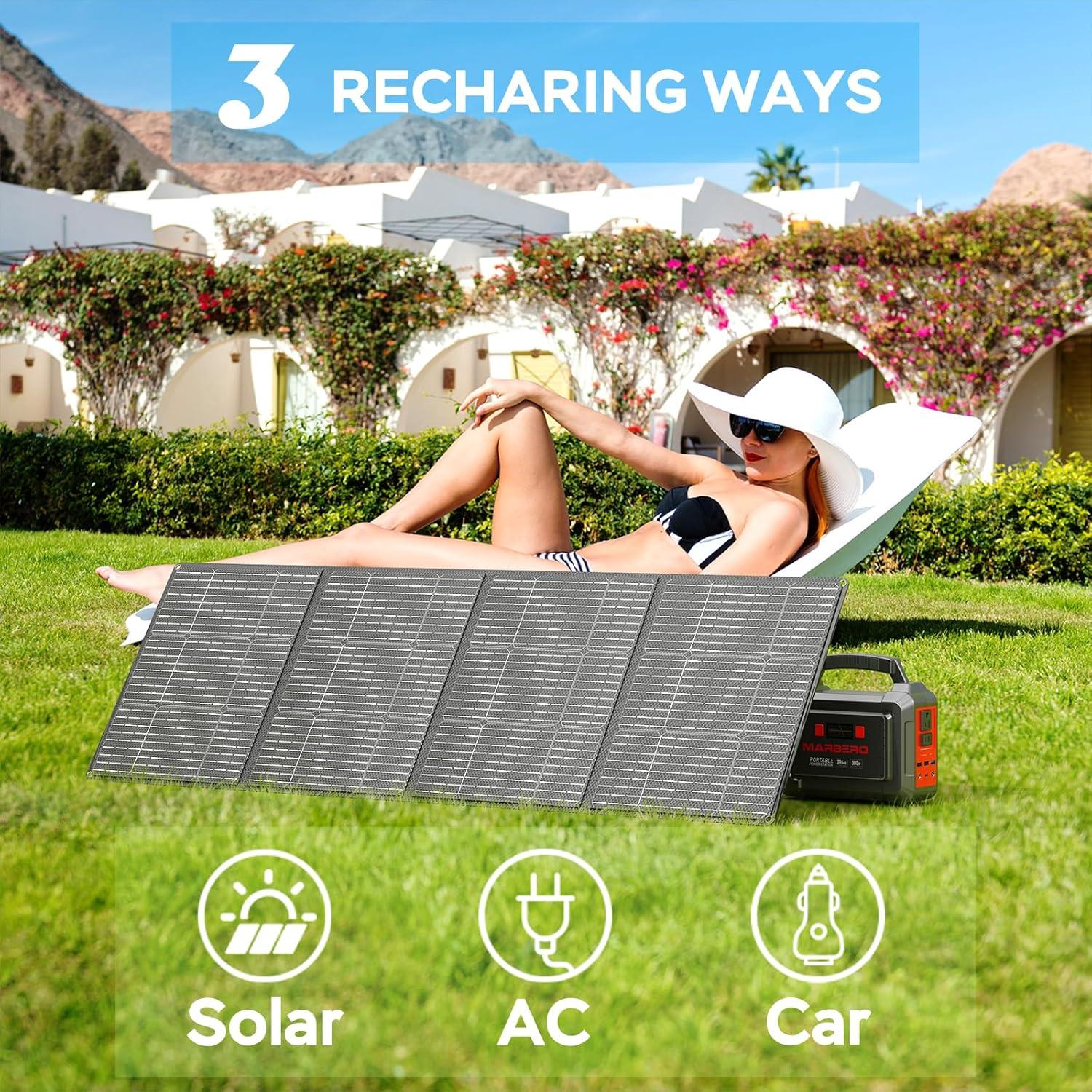 imageMARBERO 296Wh Portable Power Station with Solar Panel 60W Included Solar Generator with AC Outlets 300W Pure Sine Wave with Foldable Panel Set Power Bank for Camping Outdoor RV Home Emergency