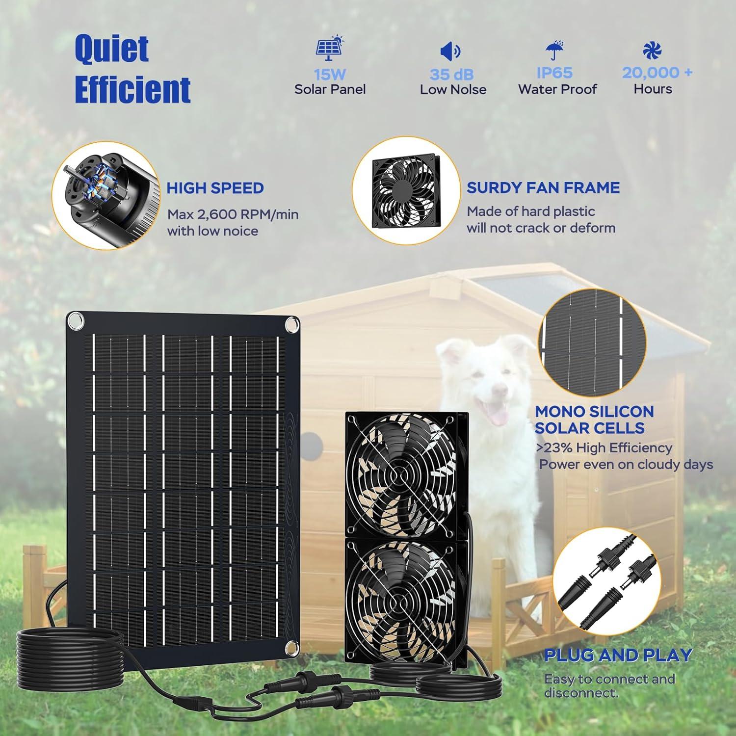 imageMARBERO 47 Inch Solar Powered Fan Kit 15W Solar Panel with 2 Waterproof Fans Intake or Exhaust Air Fan wtih 13 Ft Cable for Outside Backyard Chicken Coops Greenhouses Dog Houses Pet Houses15W 130 x 98 INCHES with 47 INCHES Fans