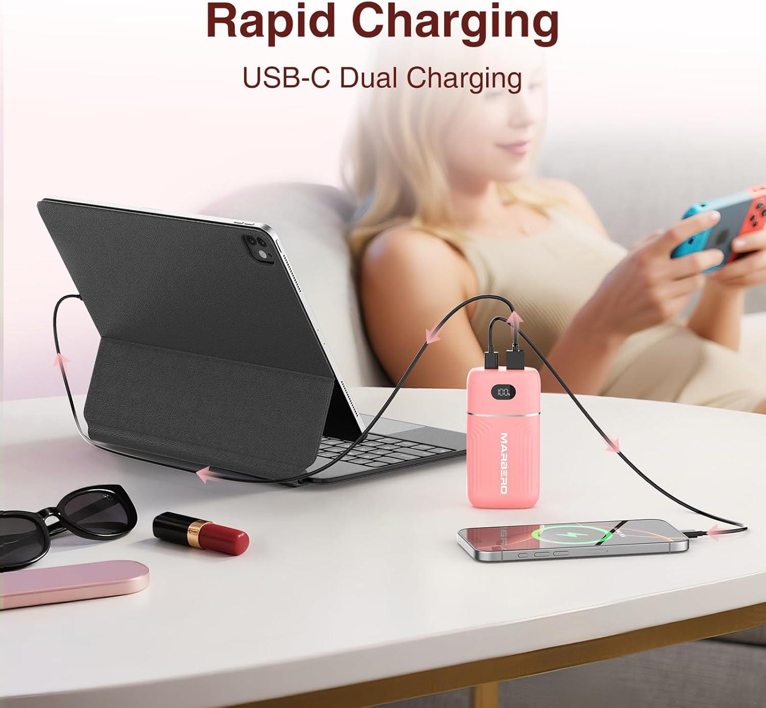 imageMARBERO Portable Charger 10000mAh Mini Power Bank USB C inampampout Fast Charging Battery Pack Compact External Phone Powerbank Compatible with iPhone 16 15 14 13 12 Samsung S22 S21 Google AirPods iPad etcPink
