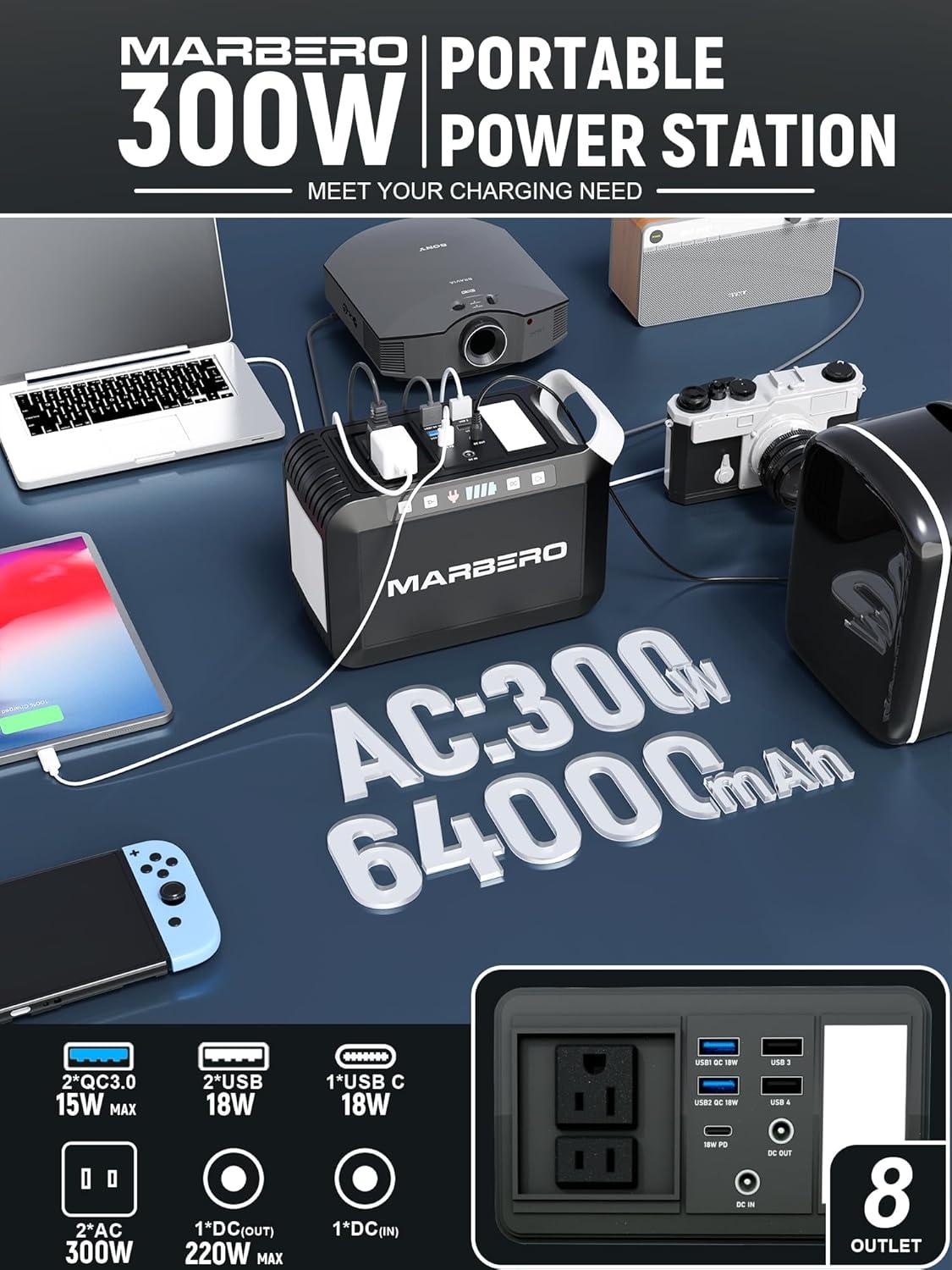 imageMARBERO Portable Power Bank with AC Outlet Peak 120W110V Portable Laptop Battery Bank 24000mAh Charger Power Supply with AC Outlet Power Station for Outdoor Camping Home Office Hurricane EmergencyM823S 237Wh 300W