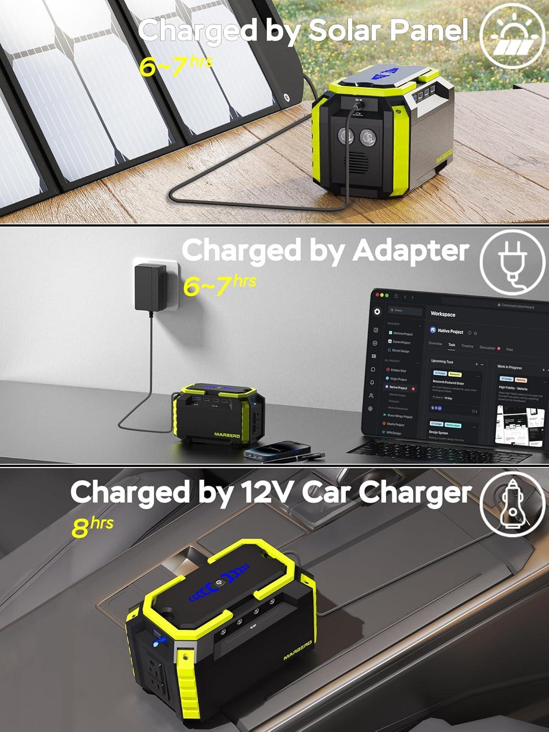 imageMARBERO Portable Power Station 150Wh Camping Solar Generator Laptop Charger Power Bank with AC Outlet 110V 150W Peak with 4USB 4DC Ports LED Flashlights for CPAP Home Camping Hurricane EmergencyM270 150WH 100W