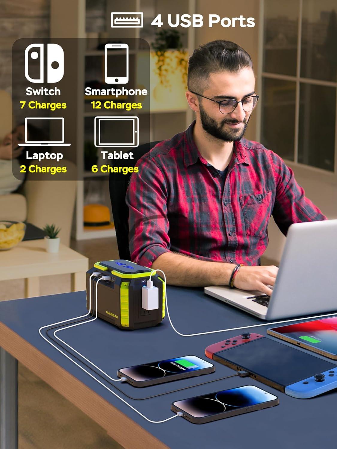 imageMARBERO Portable Power Station 150Wh Camping Solar Generator Laptop Charger Power Bank with AC Outlet 110V 150W Peak with 4USB 4DC Ports LED Flashlights for CPAP Home Camping Hurricane EmergencyM270 150WH 100W