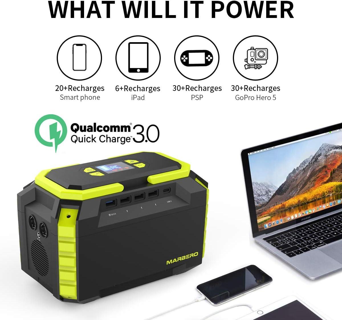 imageMARBERO Portable Power Station 150Wh Camping Solar Generator Laptop Charger Power Bank with AC Outlet 110V 150W Peak with 4USB 4DC Ports LED Flashlights for CPAP Home Camping Hurricane EmergencyM440 222WH 200W