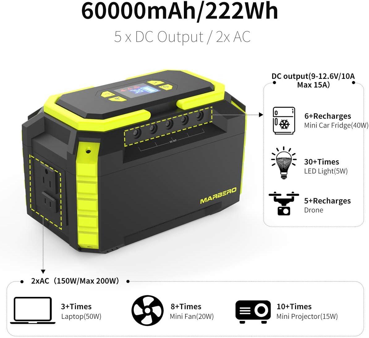 imageMARBERO Portable Power Station 150Wh Camping Solar Generator Laptop Charger Power Bank with AC Outlet 110V 150W Peak with 4USB 4DC Ports LED Flashlights for CPAP Home Camping Hurricane EmergencyM440 222WH 200W