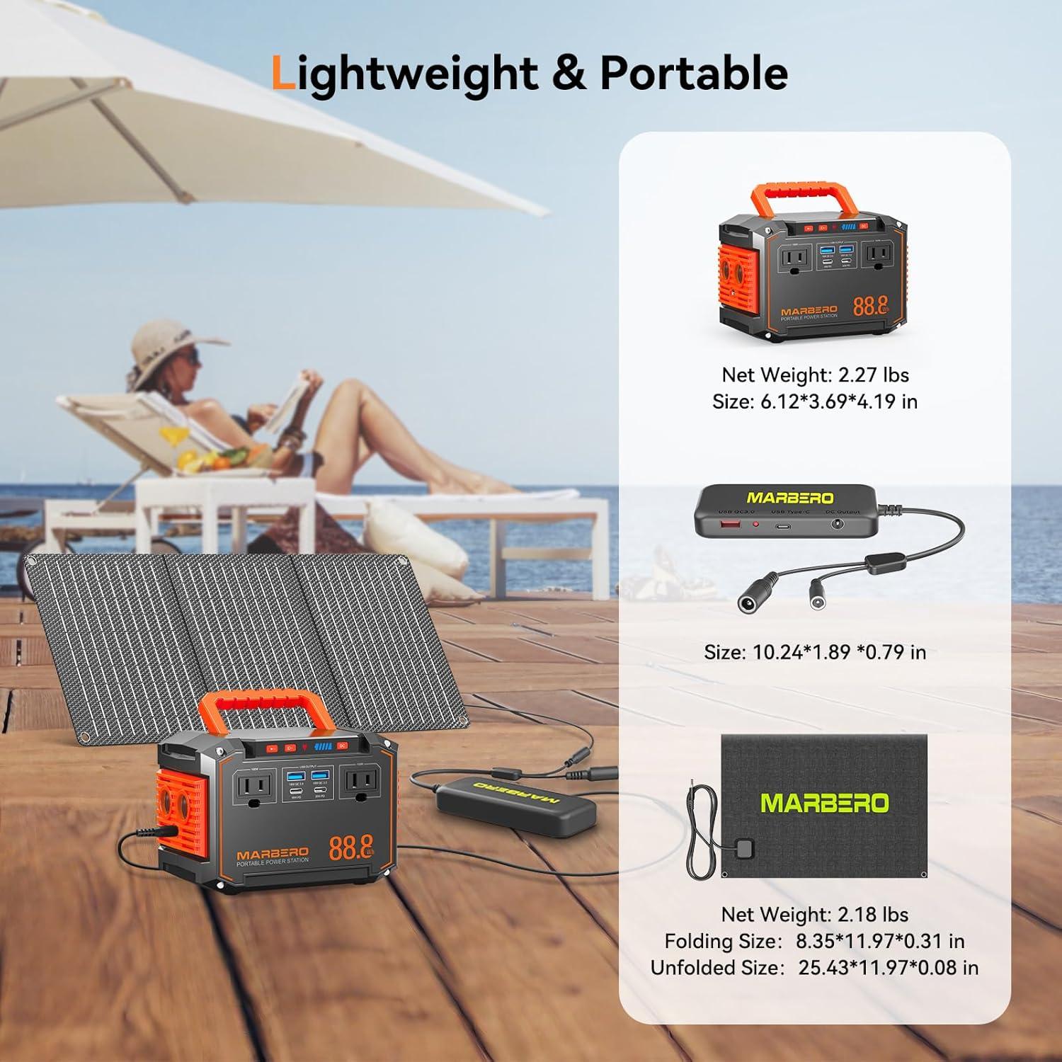 imageMARBERO Portable Power Station 240Wh 350W Peak Camping Portable Power Bank with AC Outlet 110V3USB A 2USB C 2AC2DC Solar Generator for Outdoor Travel Home Emergency HurricaneSolar GeneratorM138SL30 WITH CONNECTOR