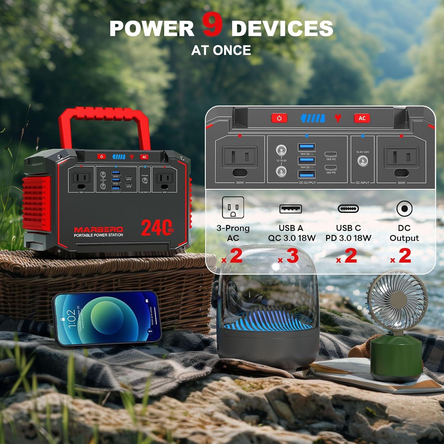imageMARBERO Portable Power Station 240Wh 350W Peak Camping Portable Power Bank with AC Outlet 110V3USB A 2USB C 2AC2DC Solar Generator for Outdoor Travel Home Emergency HurricaneM638237Wh300W