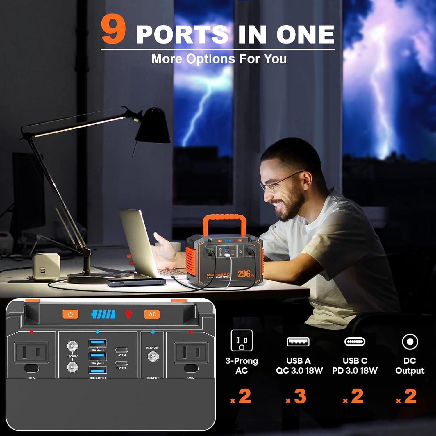imageMARBERO Portable Power Station 240Wh 350W Peak Camping Portable Power Bank with AC Outlet 110V3USB A 2USB C 2AC2DC Solar Generator for Outdoor Travel Home Emergency HurricaneSolar GeneratorM638SL60 Max