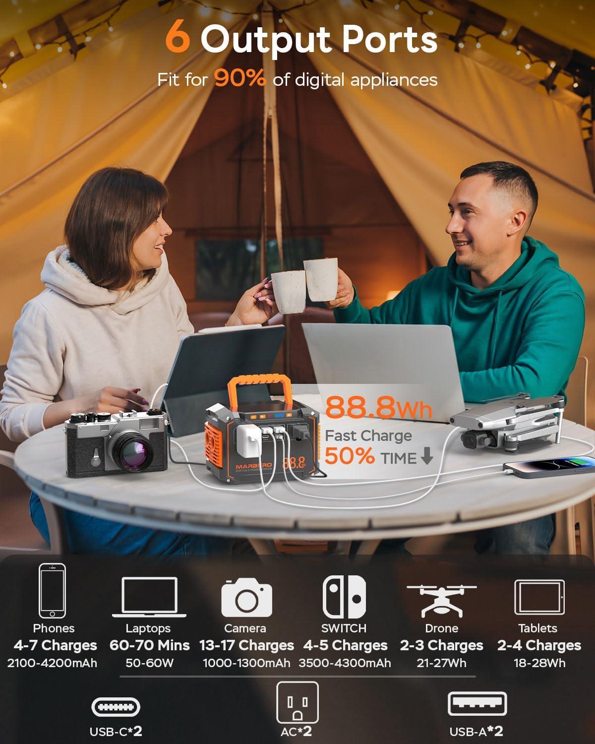 imageMARBERO Portable Power Station 240Wh 350W Peak Camping Portable Power Bank with AC Outlet 110V3USB A 2USB C 2AC2DC Solar Generator for Outdoor Travel Home Emergency HurricaneM13888Wh100W