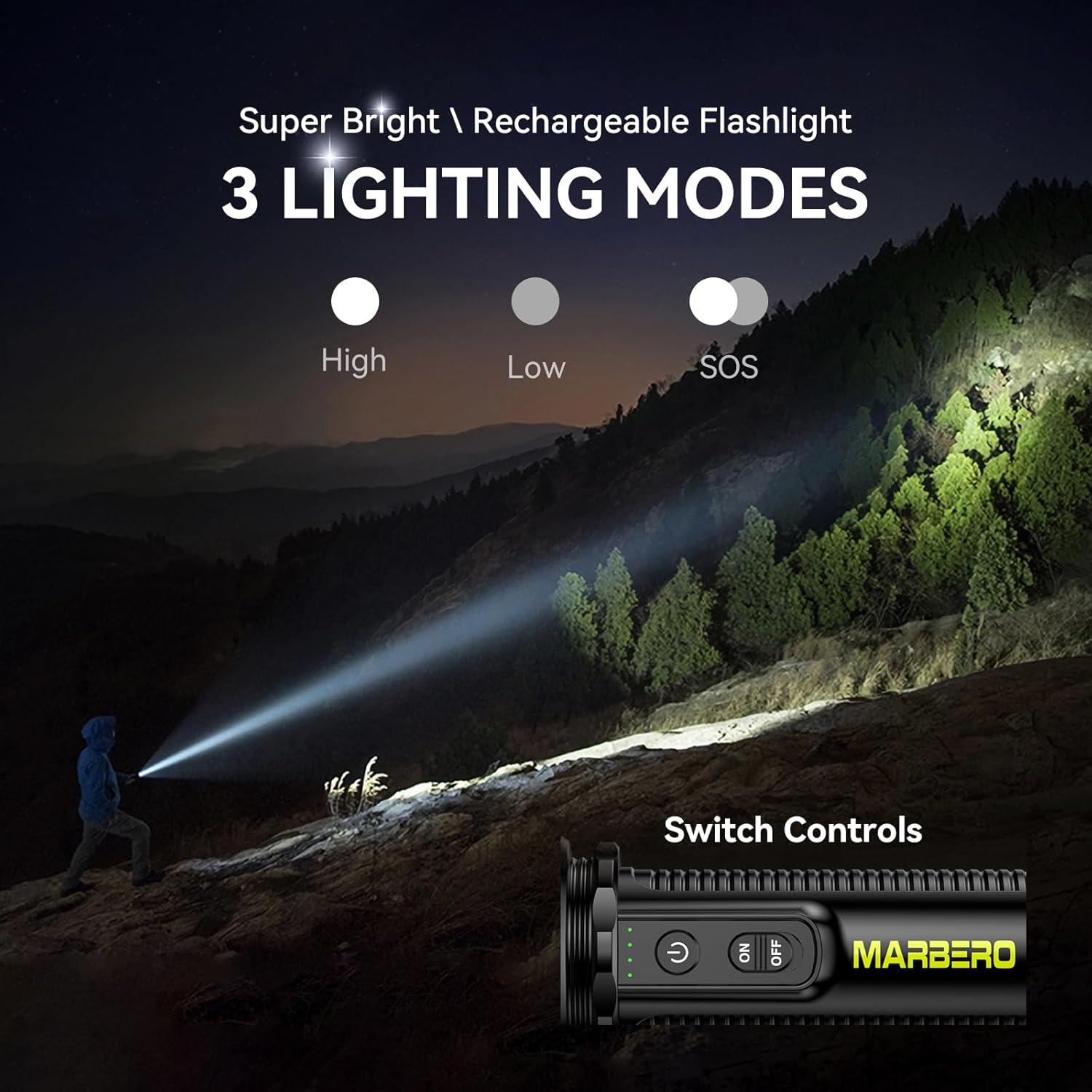 imageMARBERO Rechargeable Flashlight High Lumens with 4000mAh Battery Focused Beam Super Bright LED Small Powerful Flashlight 3 Modes Tactical Compact Portable Flashlight for Camping Hiking Emergency Home