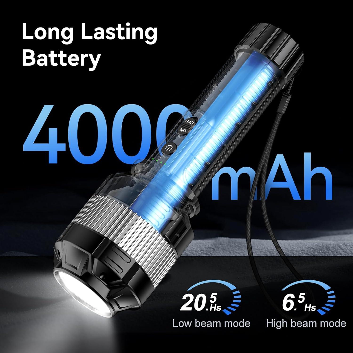imageMARBERO Rechargeable Flashlight High Lumens with 4000mAh Battery Focused Beam Super Bright LED Small Powerful Flashlight 3 Modes Tactical Compact Portable Flashlight for Camping Hiking Emergency Home