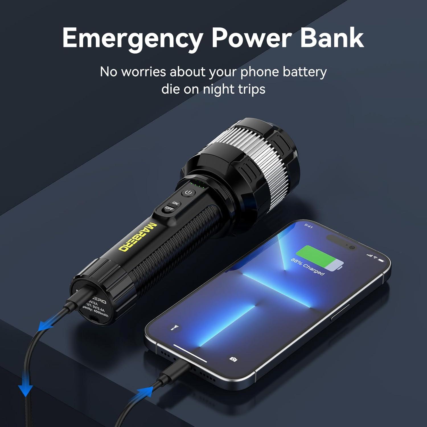 imageMARBERO Rechargeable Flashlight High Lumens with 4000mAh Battery Focused Beam Super Bright LED Small Powerful Flashlight 3 Modes Tactical Compact Portable Flashlight for Camping Hiking Emergency Home