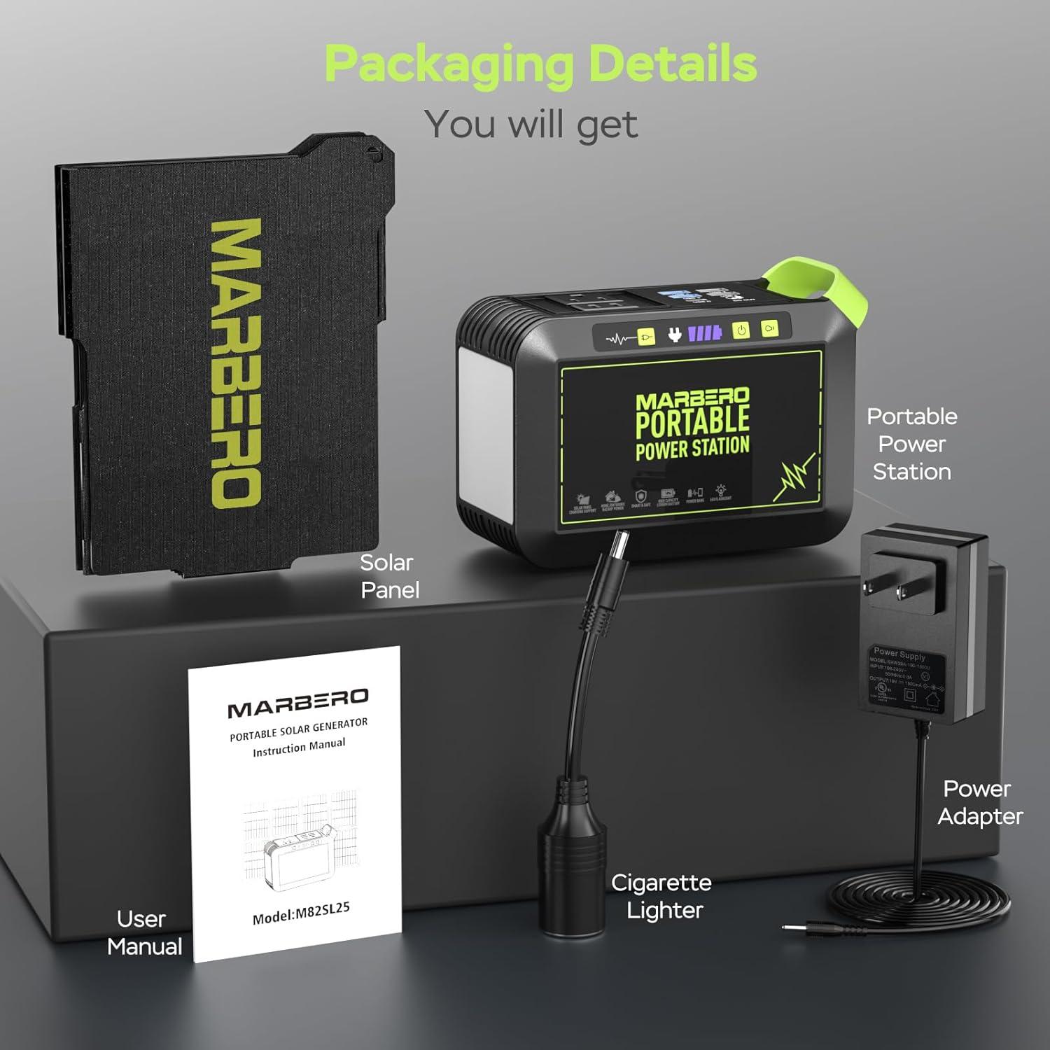 imageMARBERO Solar Generator 148Wh Portable Power Station with Solar Panel 40W Included Solar Power Bank with AC Outlet 200W Surge for Home Outages Camping Outdoor Adventure EmergencyGREEN SOLAR GENERATOR M82 WITH 25W PANEL
