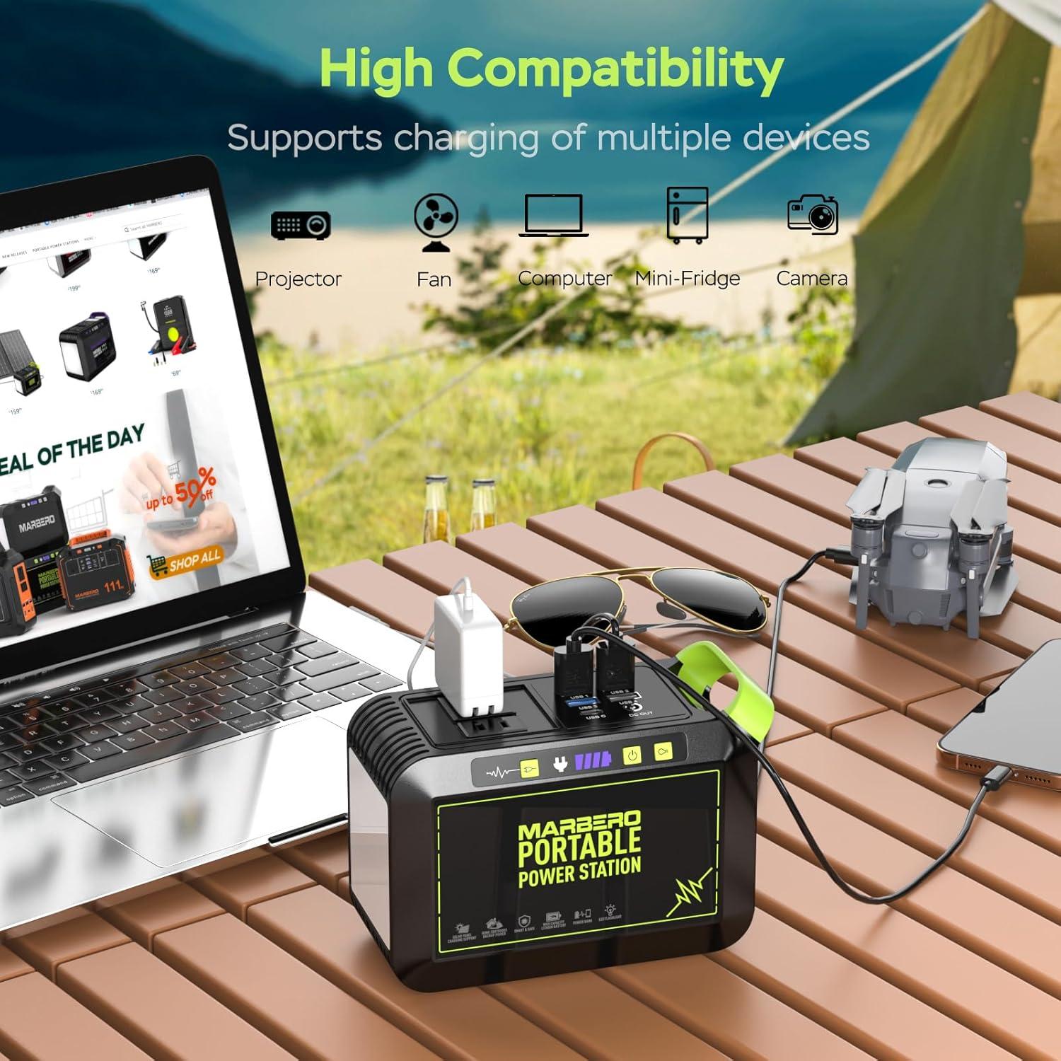 imageMARBERO Solar Generator 148Wh Portable Power Station with Solar Panel 40W Included Solar Power Bank with AC Outlet 200W Surge for Home Outages Camping Outdoor Adventure EmergencyGREEN SOLAR GENERATOR M82 WITH 25W PANEL