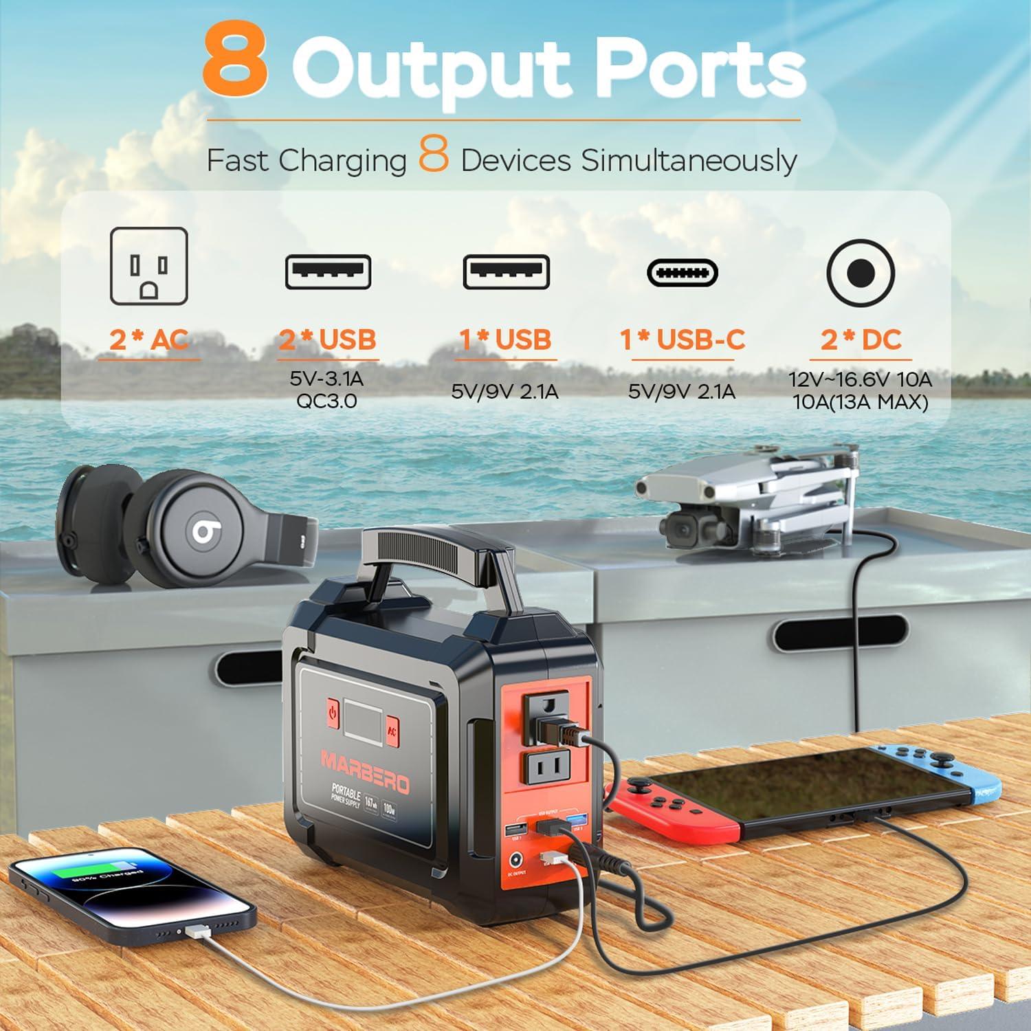 imageMARBERO Solar Generator 167Wh Camping Portable Power Station 200W Peak with Foldable Solar Panels 30W with AC Outlet 110V MultiPort LED Flashlights for CPAP Home Camping Hurricane Emergency