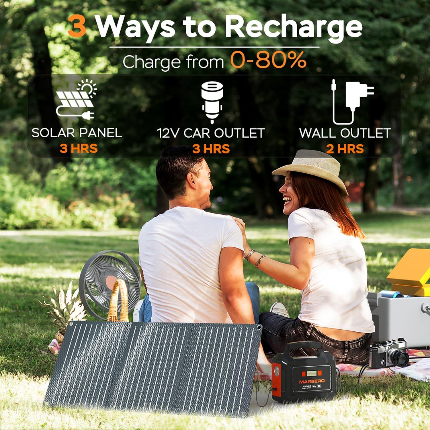 imageMARBERO Solar Generator 167Wh Camping Portable Power Station 200W Peak with Foldable Solar Panels 30W with AC Outlet 110V MultiPort LED Flashlights for CPAP Home Camping Hurricane Emergency