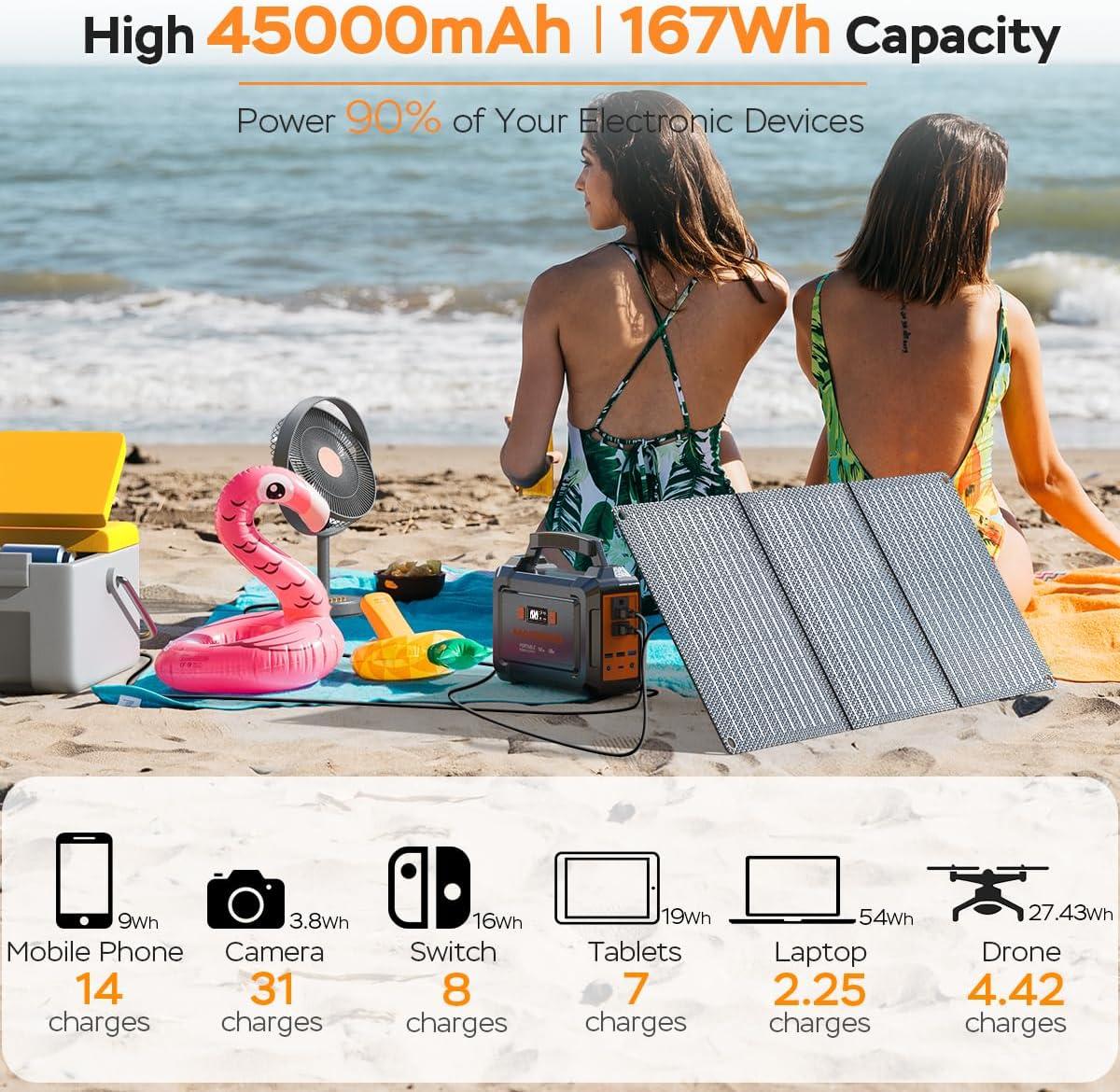 imageMARBERO Solar Generator 167Wh Camping Portable Power Station 200W Peak with Foldable Solar Panels 30W with AC Outlet 110V MultiPort LED Flashlights for CPAP Home Camping Hurricane Emergency