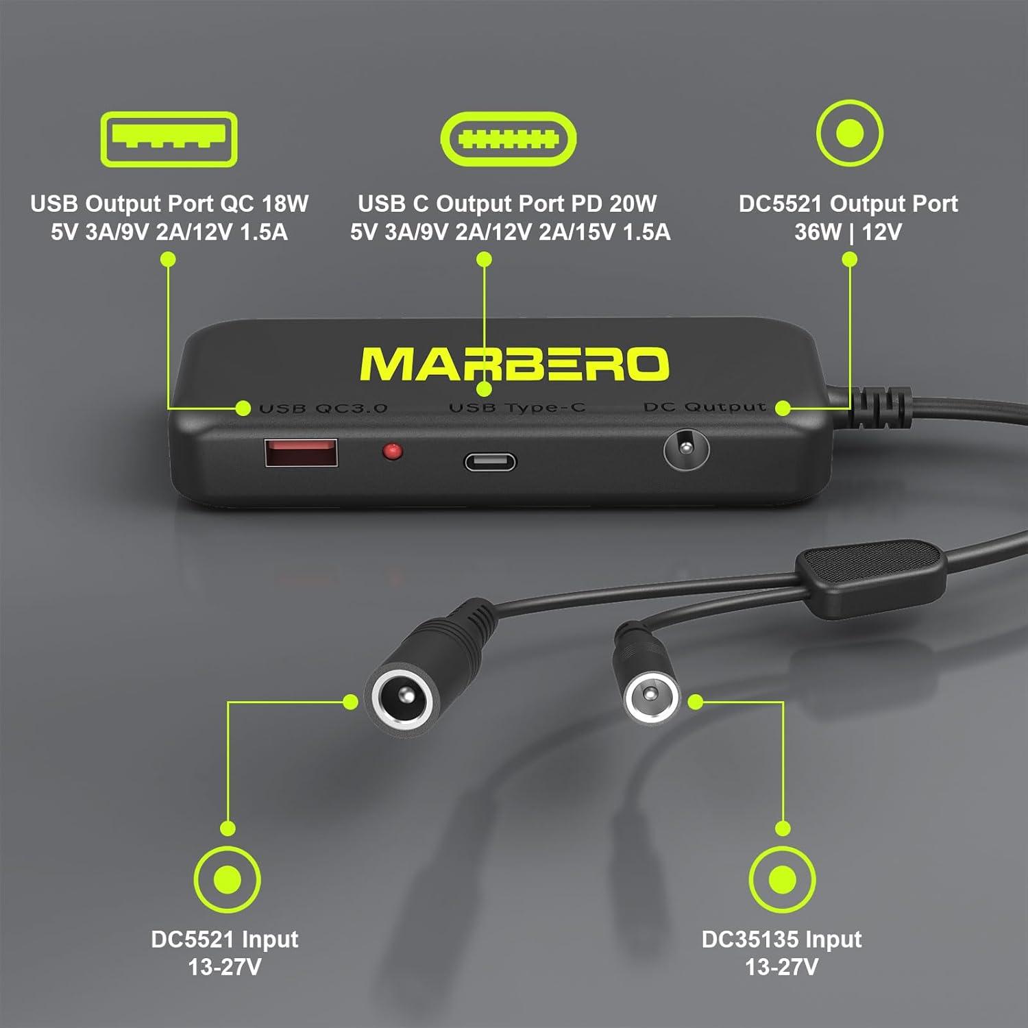 imageMARBERO Solar Panel Connector Power Hub with 2 DC Input Ports DC35135DC5521 3 Output Ports USB QC 18WUSB C PD 20WDC 36W Outlet Extender for iPhones Laptops and Protable Power Stations