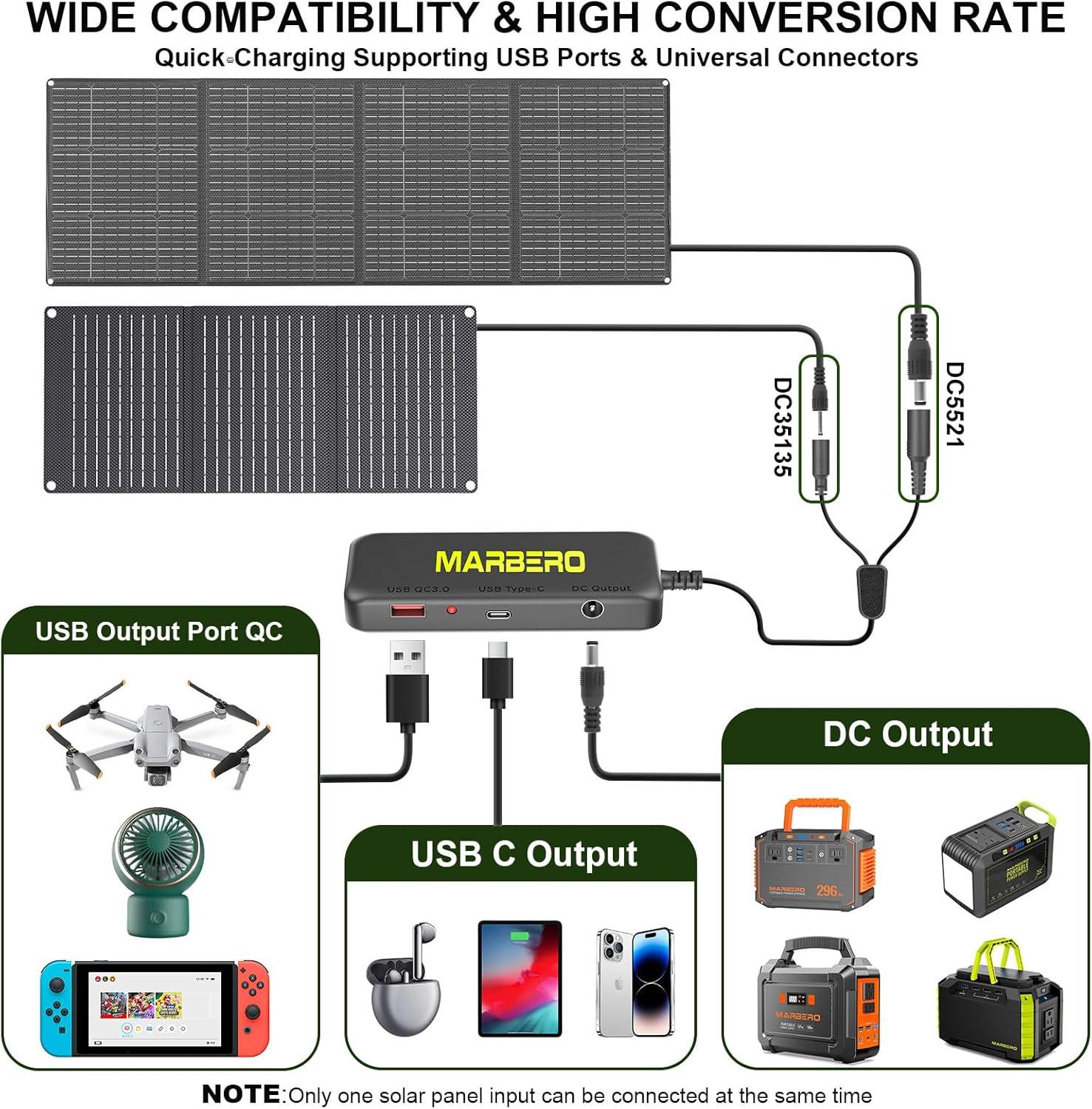 imageMARBERO Solar Panel Connector Power Hub with 2 DC Input Ports DC35135DC5521 3 Output Ports USB QC 18WUSB C PD 20WDC 36W Outlet Extender for iPhones Laptops and Protable Power Stations