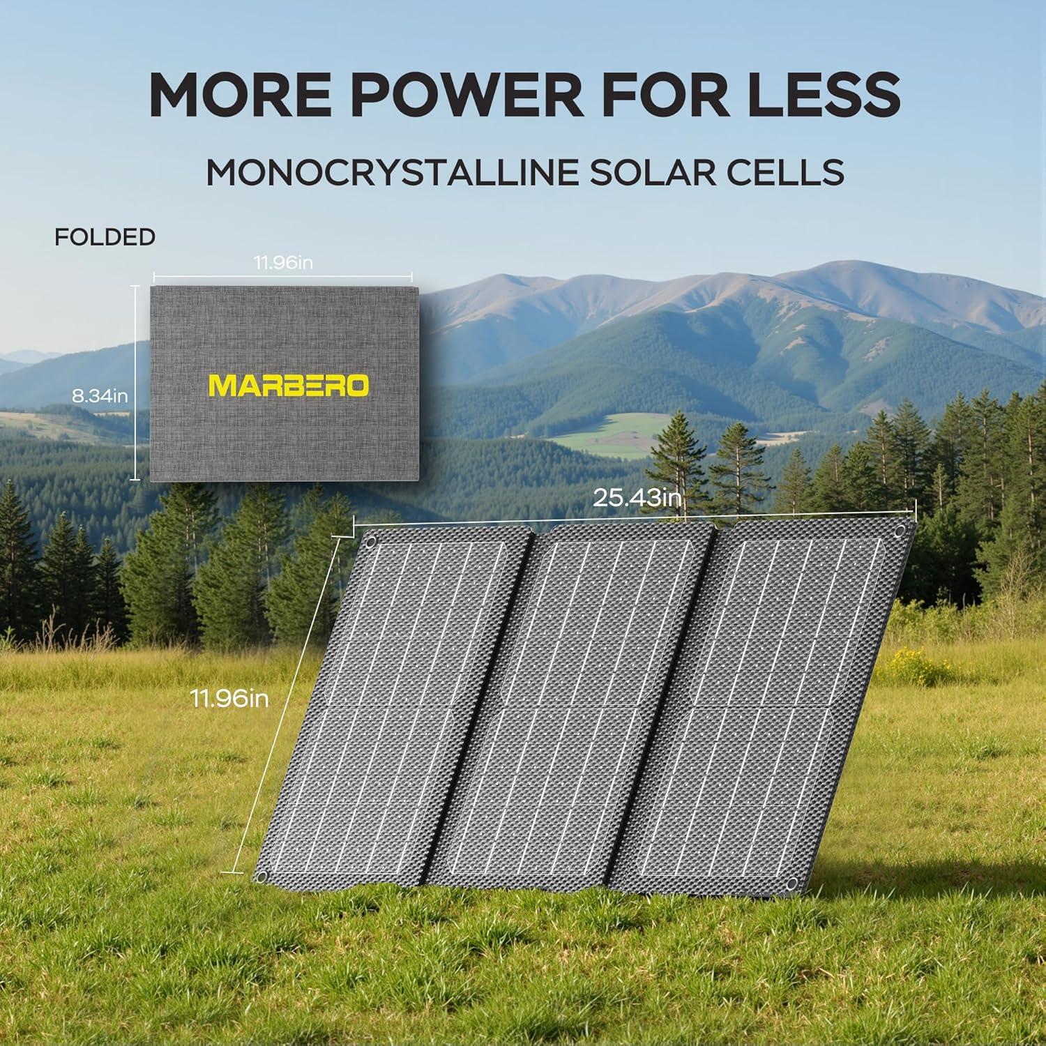 imageMARBERO Solar Powered Generator 155Wh with 30W Foldable Solar Panels 100W AC Output Lithium Battery Portable Power Station with AC DC and USB Outputs for Camping Emergency Home Backup Blackout HikingM155 SL30