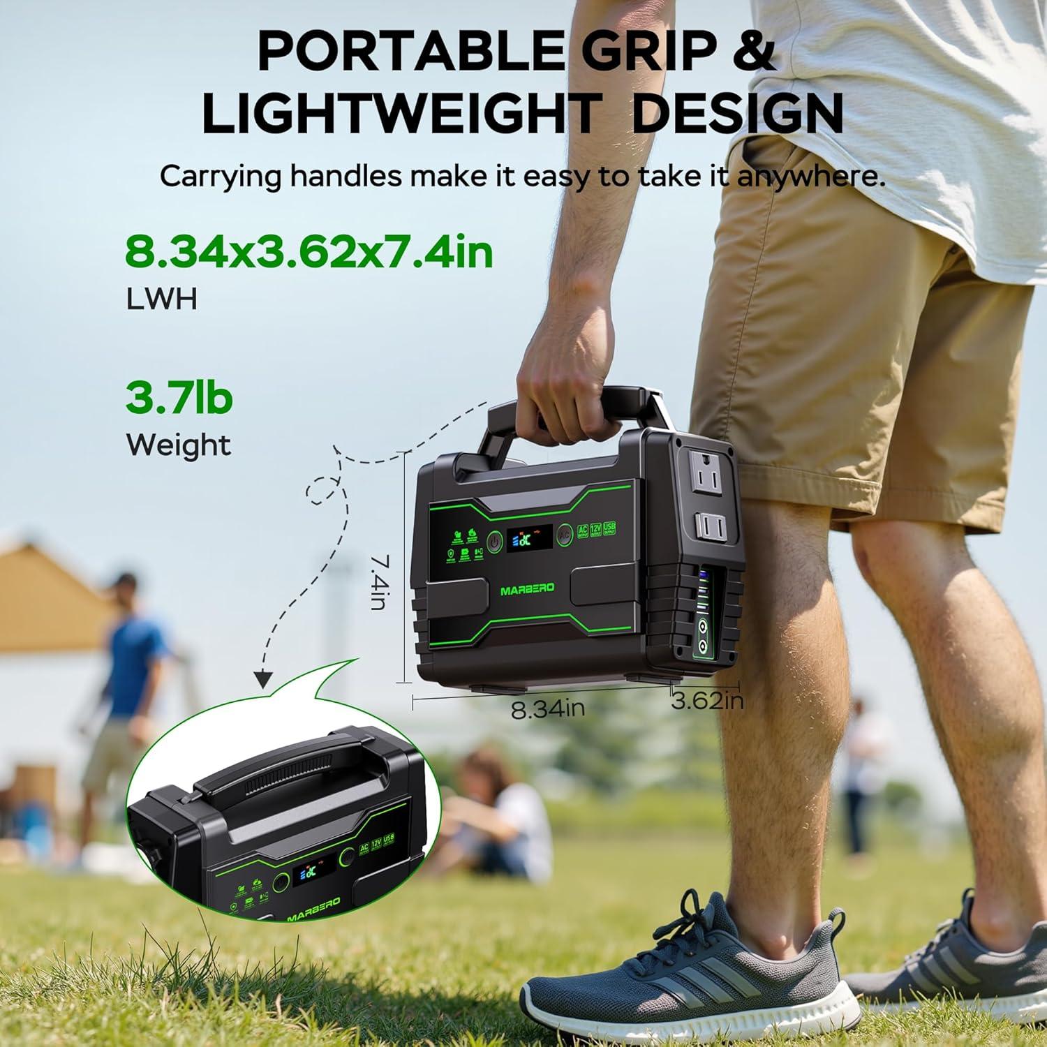 imageMARBERO Solar Powered Generator 155Wh with 30W Foldable Solar Panels 100W AC Output Lithium Battery Portable Power Station with AC DC and USB Outputs for Camping Emergency Home Backup Blackout HikingM155