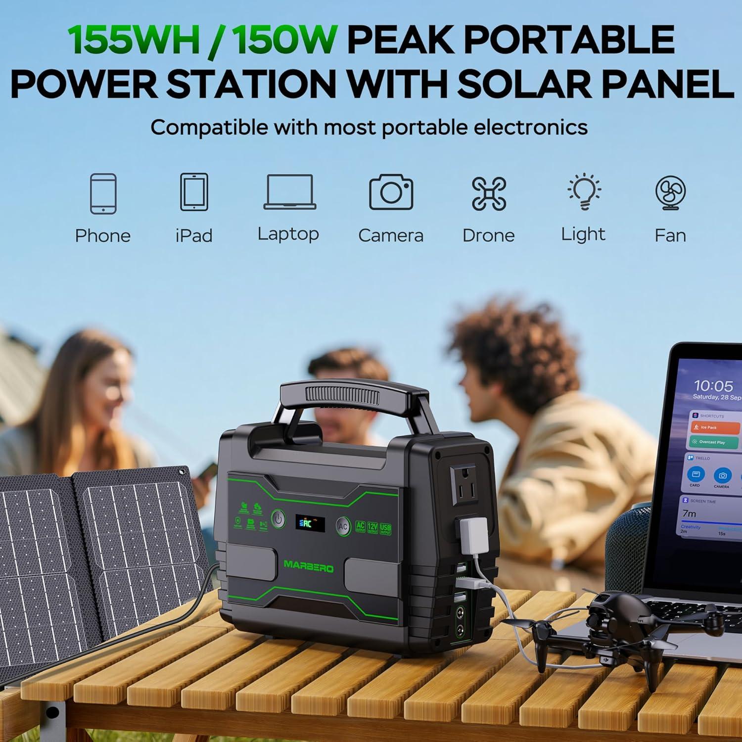 imageMARBERO Solar Powered Generator 155Wh with 30W Foldable Solar Panels 100W AC Output Lithium Battery Portable Power Station with AC DC and USB Outputs for Camping Emergency Home Backup Blackout HikingM155 SL30