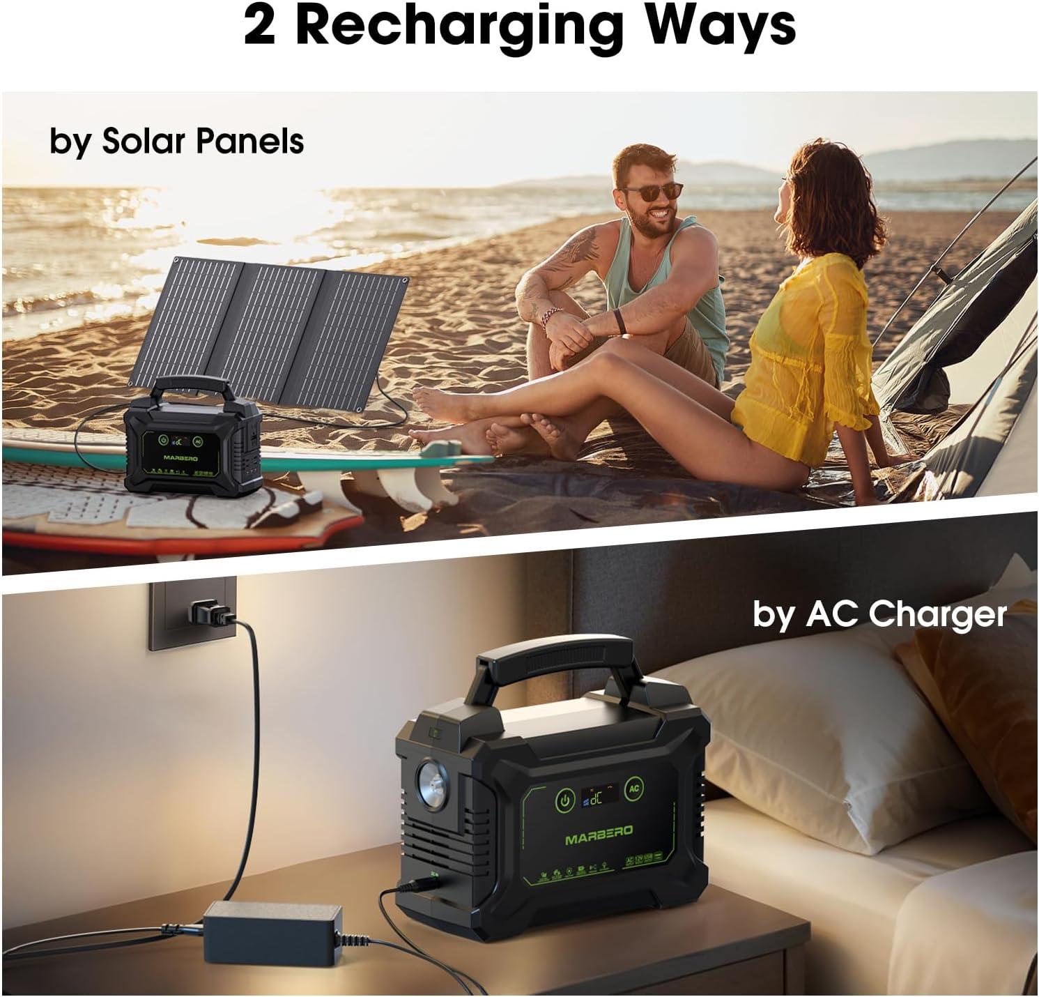 imageMARBERO Solar Powered Generator 155Wh with 30W Foldable Solar Panels 100W AC Output Lithium Battery Portable Power Station with AC DC and USB Outputs for Camping Emergency Home Backup Blackout HikingM220 SL40