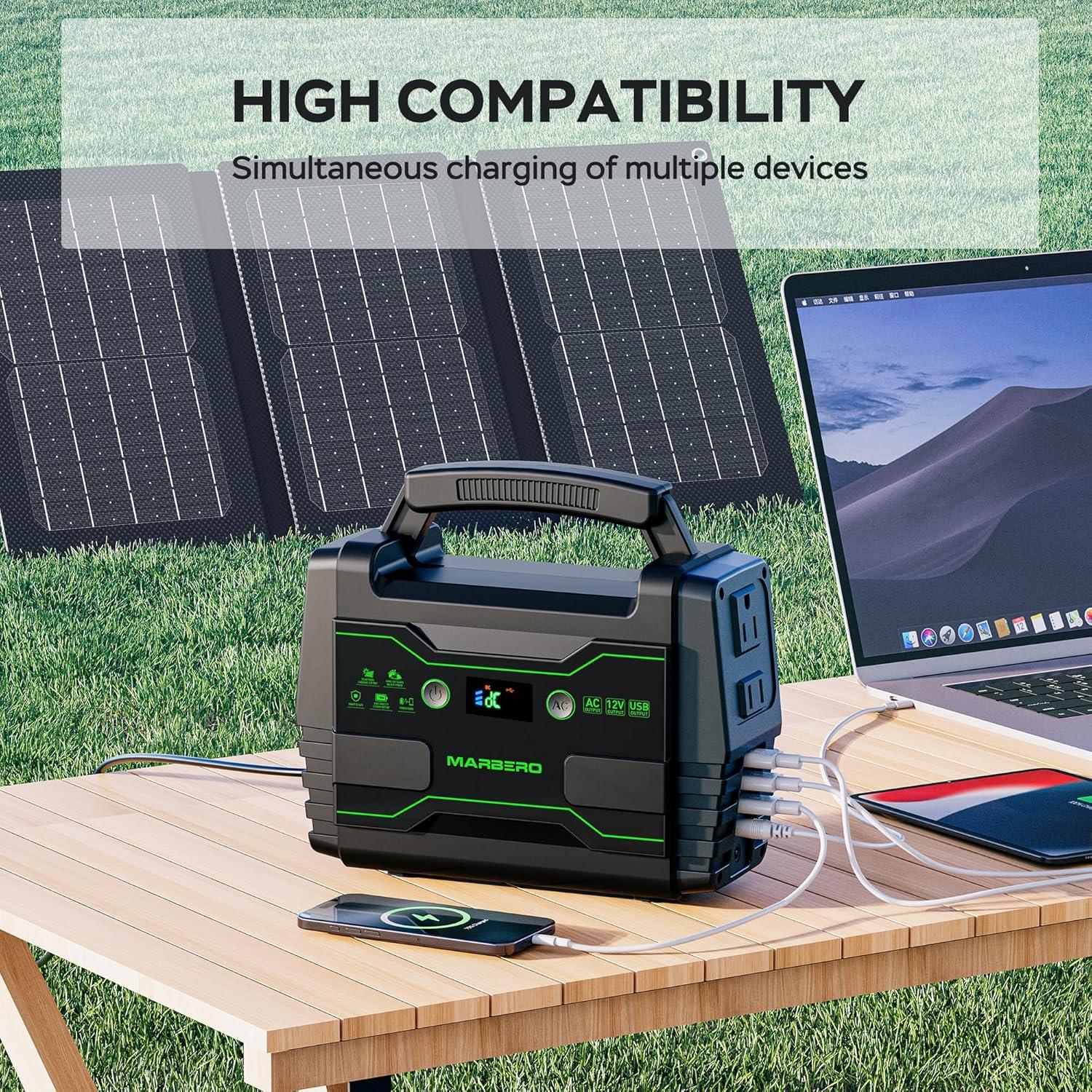 imageMARBERO Solar Powered Generator 155Wh with 30W Foldable Solar Panels 100W AC Output Lithium Battery Portable Power Station with AC DC and USB Outputs for Camping Emergency Home Backup Blackout HikingM155 SL30
