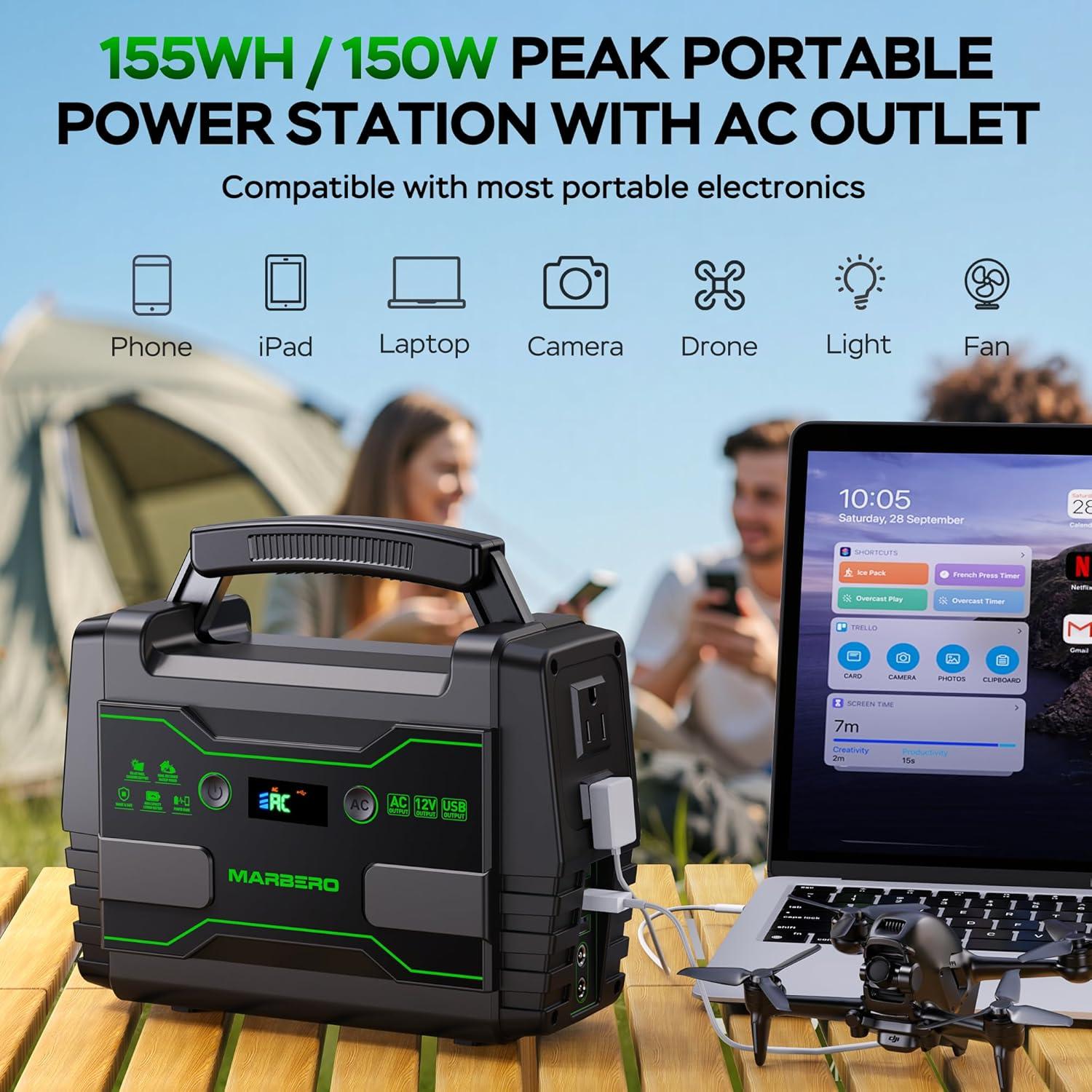 imageMARBERO Solar Powered Generator 155Wh with 30W Foldable Solar Panels 100W AC Output Lithium Battery Portable Power Station with AC DC and USB Outputs for Camping Emergency Home Backup Blackout HikingM155