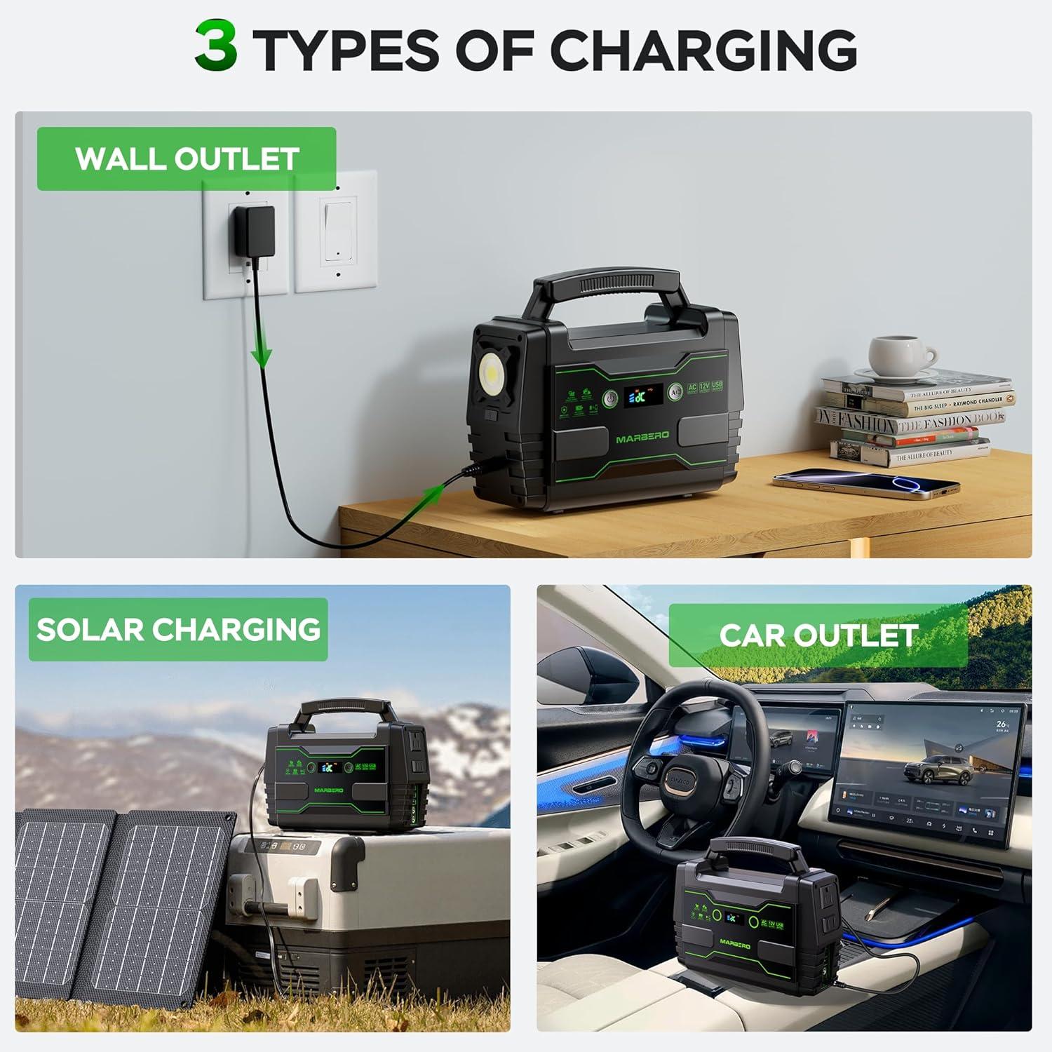 imageMARBERO Solar Powered Generator 155Wh with 30W Foldable Solar Panels 100W AC Output Lithium Battery Portable Power Station with AC DC and USB Outputs for Camping Emergency Home Backup Blackout HikingM155 SL30
